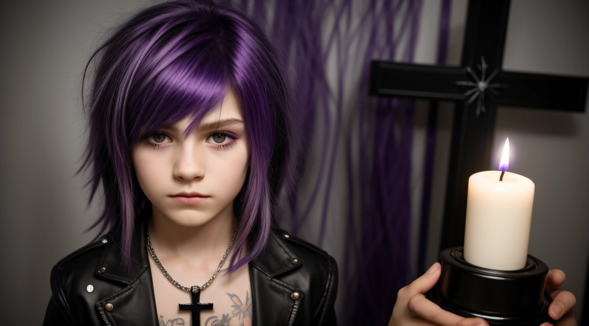 PURPLE HAIR KIDS MAN CABELO LONGO METAL HAIR , Gothic cross, cruz, CROSSES WITH LIT CANDLES in hand.