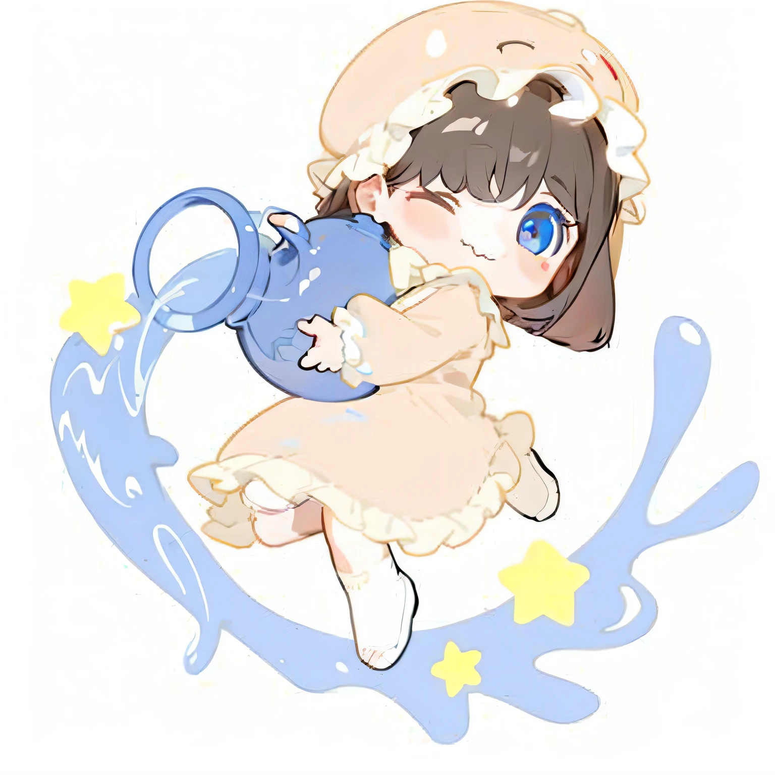 Cartoon girl holding blue teapot in her hand, character is covered in liquid, Loli, resin, Cute anime style, small loli girl, Splash art anime Loli, Soft anime illustration, Kawaii chibi, Cute anime, puddle of milk, anime moe art style, style of magical girl, small curvaceous loli, Chibi anime girl, water, DDLC