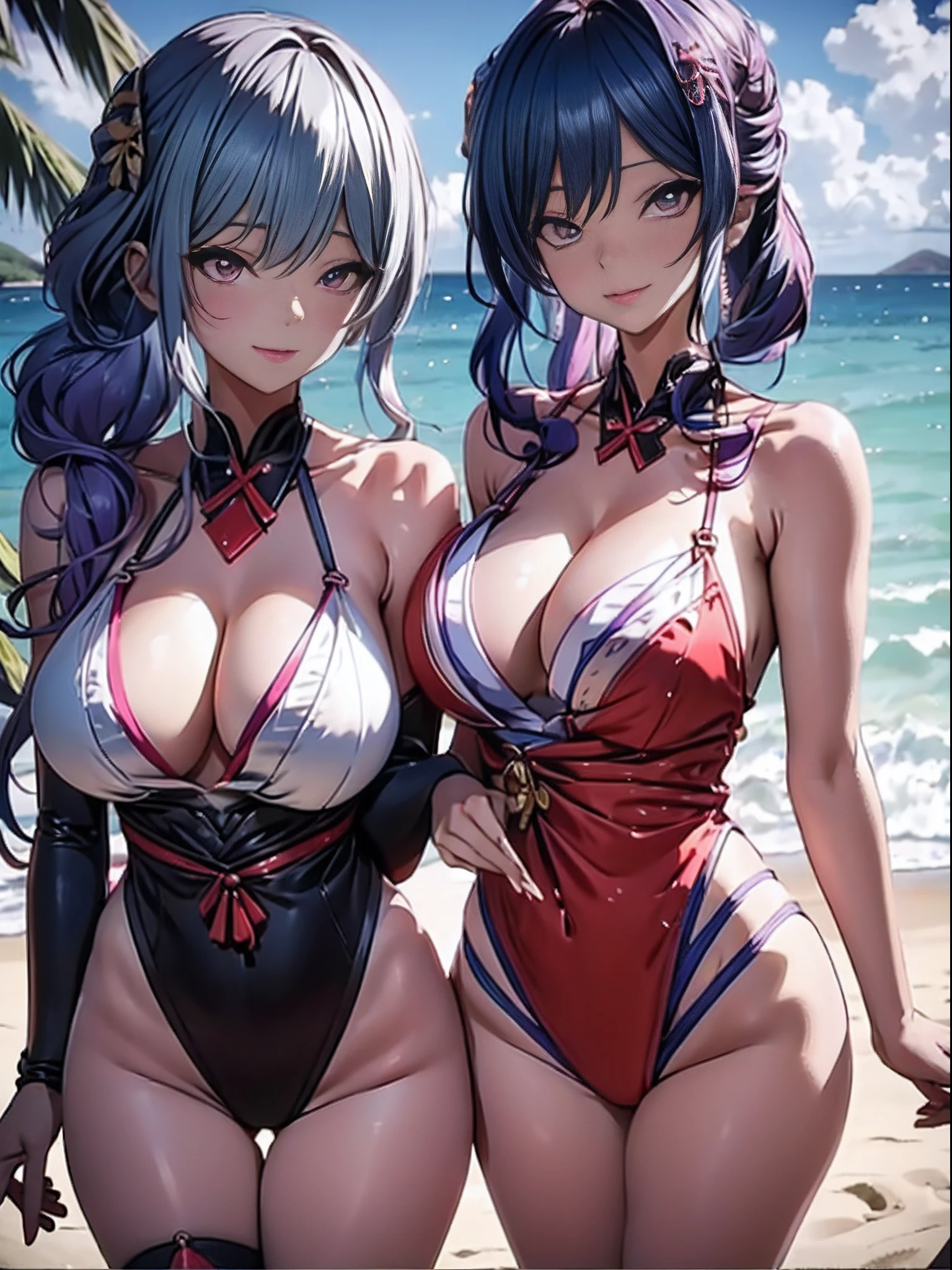 Two women in bikinis pose for a photo on the beach, seductive anime girls, beautiful and seductive anime woman, Guviz-style artwork, Perfect white haired girl, Guviz, Beautiful anime girl, ross tran. scenery background, in beach, Beautiful anime woman, trending on artstation pixiv, Extremely detailed Artgerm, Beautiful anime,Extra-large big breasts,Blush,