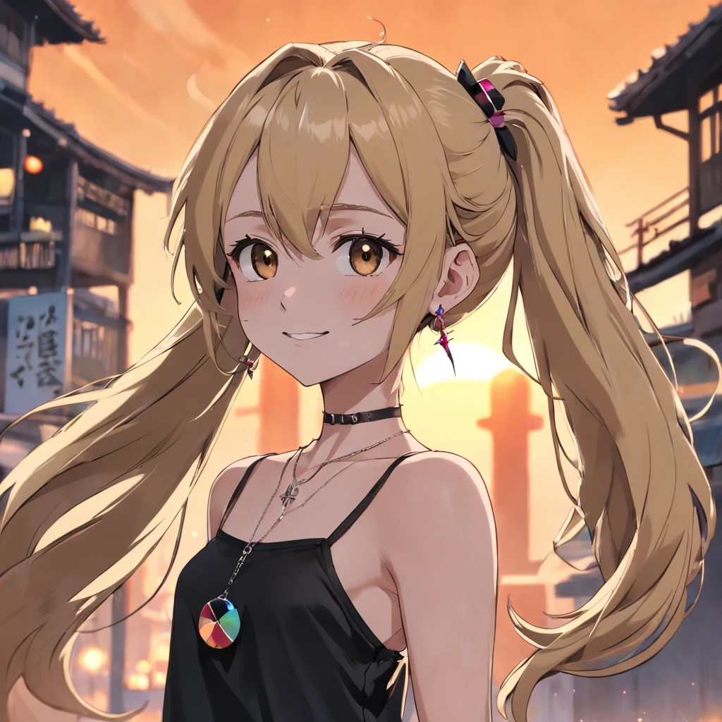 girl Wolftail mullet head Medium brown hair Blonde hair tail Earrings Dark gray pupils Black off-the-shoulder top Culottes Silver cross necklace Lively smile Sunset background Lollipop Black bracelet