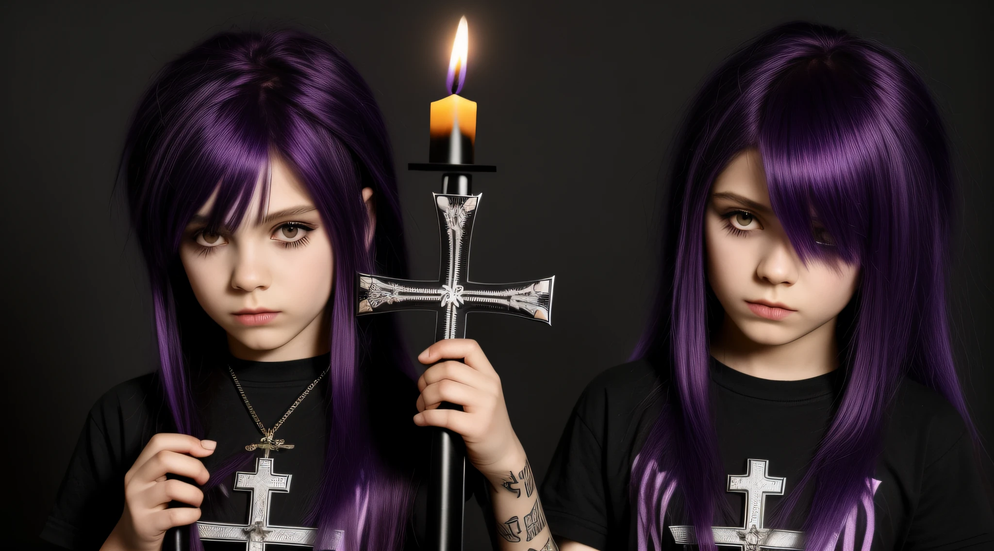 PURPLE HAIR KIDS MAN CABELO LONGO METAL HAIR , Gothic cross, cruz, CROSSES WITH LIT CANDLES in hand.