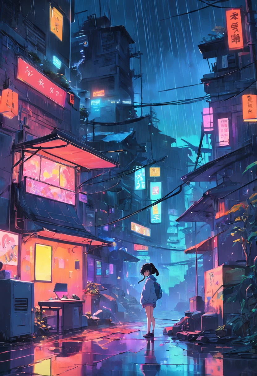 (zero), woman studying in her room, reading a book, Wear headphones, , night lights, Neon landscape on a rainy day,Analog Color Theme, Lo-Fi Hip Hop , retrospective, flat, 2.5D ,Draw a line, Ink Drawing, Large slope, Watercolor painting, Goosch Colors, Studio Ghibli Style, Awesome colorful, Outer Ton, Synthwave, lofi art,90s style,Old texture, amplitude,90s vibe, masutepiece, Tremendous technology