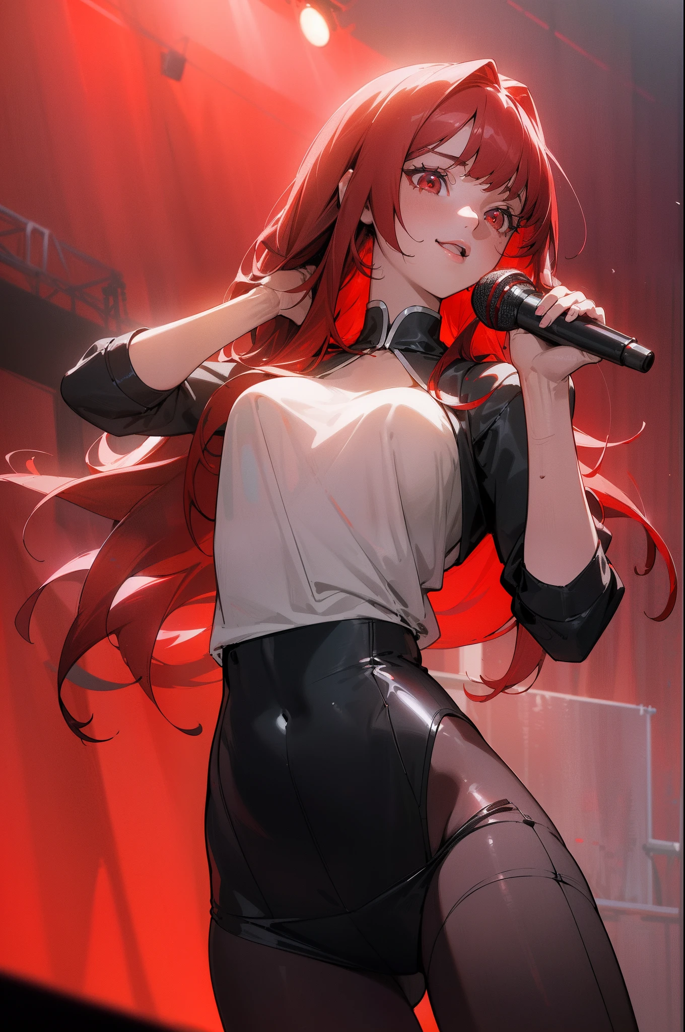1girl, Beautiful girl, Body length 150 cm, 20 years old, ((Black hair, Double tailed hairstyle, (Red hair dye, PeekABoo Underlights Style Hair Dye)) , ((red eyes)), realistic eyes, beautiful and sharp eyes), ((Idol clothing)), medium breasts, ((She holds a microphone and sings happily on stage in front of the crowd)), Happy face, Smileing, (8k wallpaper), ((Colored red lights, Concert on the background of the theater)) 8k, Quilty Altitude, Realistic, Beautiful realism, outstanding detail, RAW photo, Realistic clothes, Black hair, realistic hair, ((red eyes)), realistic eyes, Light and cool lighting, realistic photo, Cel shaded, Gel lighting, ultra-detail, ((Idol Girl))