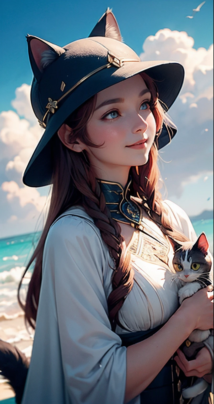 tmasterpiece, beste-Qualit, filmstill, 1 cat, Full-length cat hat,Cat-goddess of water Cat from the clouds, soaring in the sky, a closeup of a, The vibrant, a happy, warm soft lighting, dawning,letho, Sateen(sparks: 0,7) The Goddess of Water