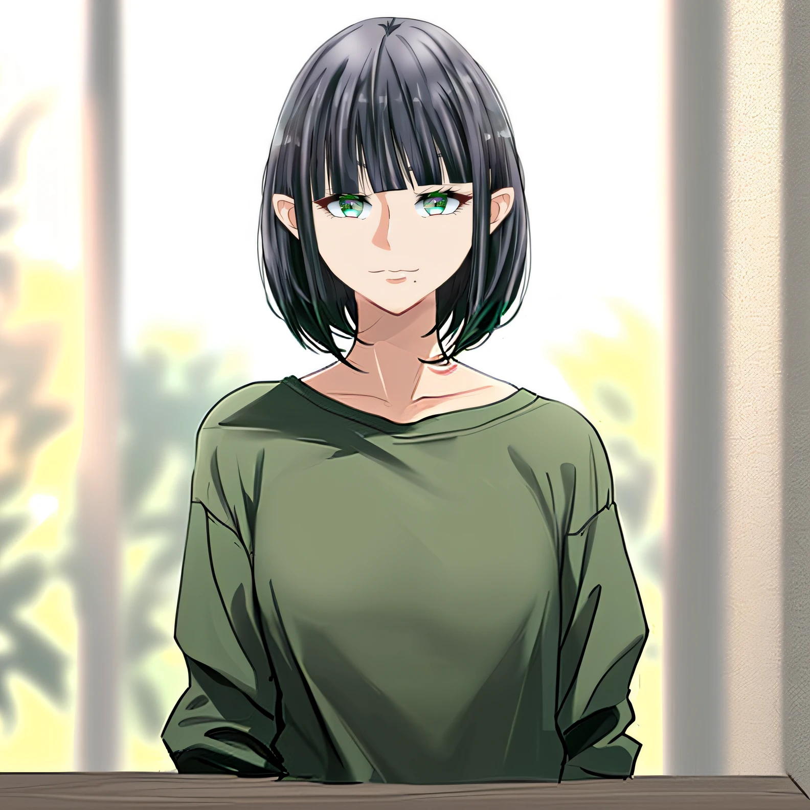 (((masterpiece))), (((best quality))), ((ultra-detailed)), (highly detailed CG illustration), ((an extremely delicate and beautiful)),((Near-black, deep muted dark green t-shirt:1.5)), ((Very dark green t-shirt:1.5)),((plain t-shirt:1.5)),(long sleeves:1.5),(Casual T-shirt),(From a slight side angle), (The side of one arm is visible),(very loose T-shirt:1.2), (plain t-shirt), upper body,portrait of an anime girl, t-shirt,1girl, solo,dark gray hair, (dark green eyes:1.3), looking at viewer,smiling,bad-girl,mature female, anime girl with short hair, ((medium breasts:1.3))