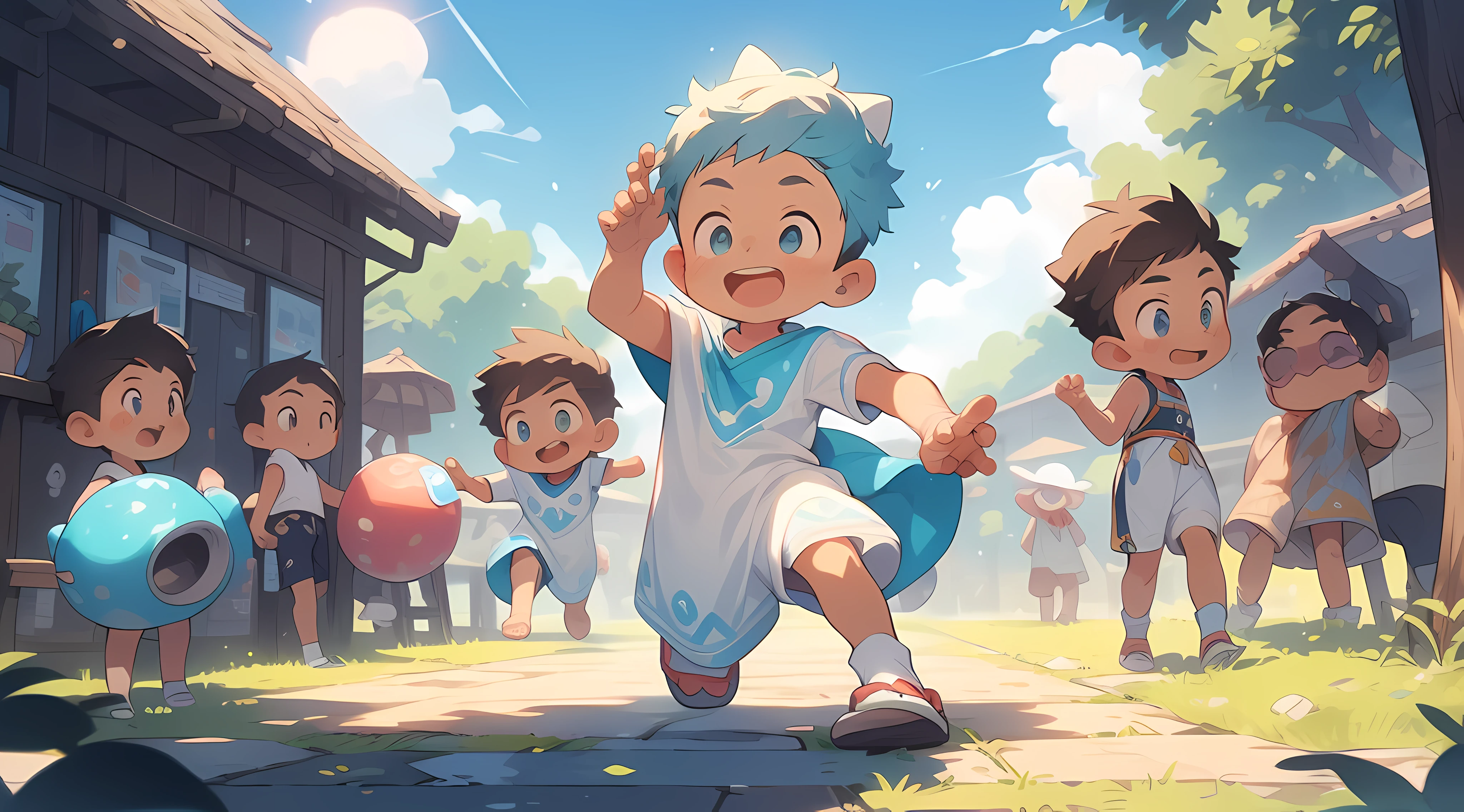 (Cute boy:1.2),(Bright costumes),(Childlike scenes:1.2),(white legwear:1.4)"Cute boy,Wear brightly colored clothes,Childlike scenes,Vibrant expressions and movements,There are all kinds of fun toys around(Vibrant expressions and movements),(All kinds of fun toys around),(Be happy in the bright sun),(blue hairs),(Cartoon white socks)