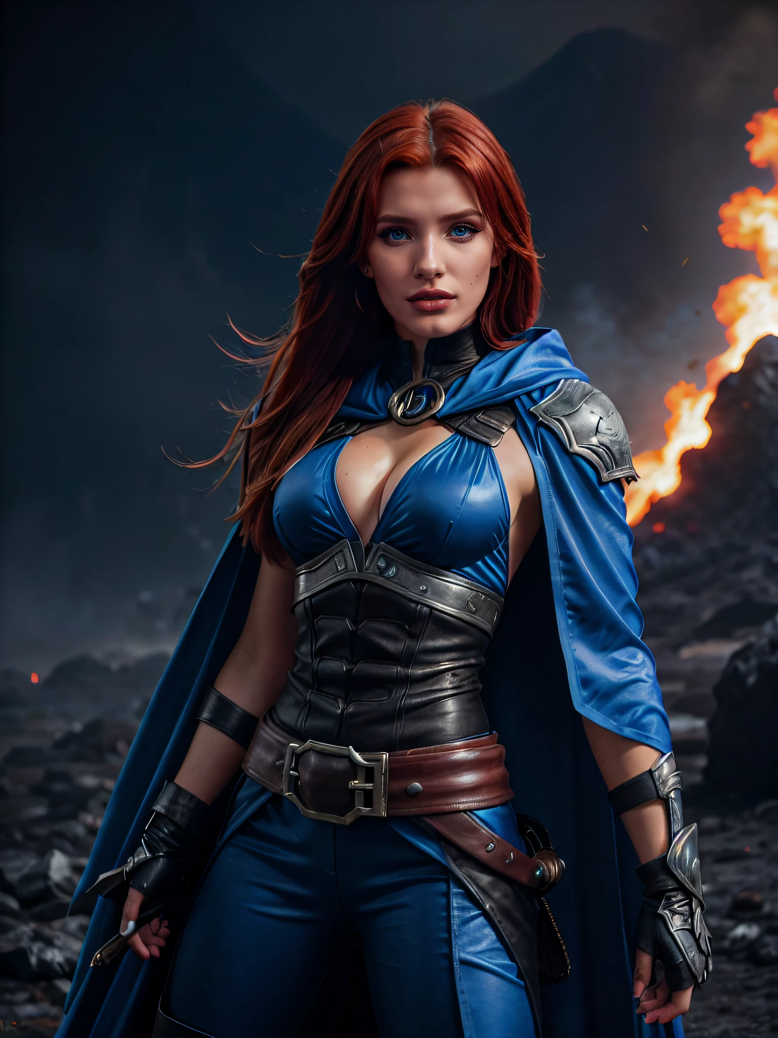 Bella Thorne, olhar sombrio, (electric blue eye), olho perfeito, (maquiagem paleta escura), (eyeliner), (red matte lipstick), (rosto insanamente detalhado)