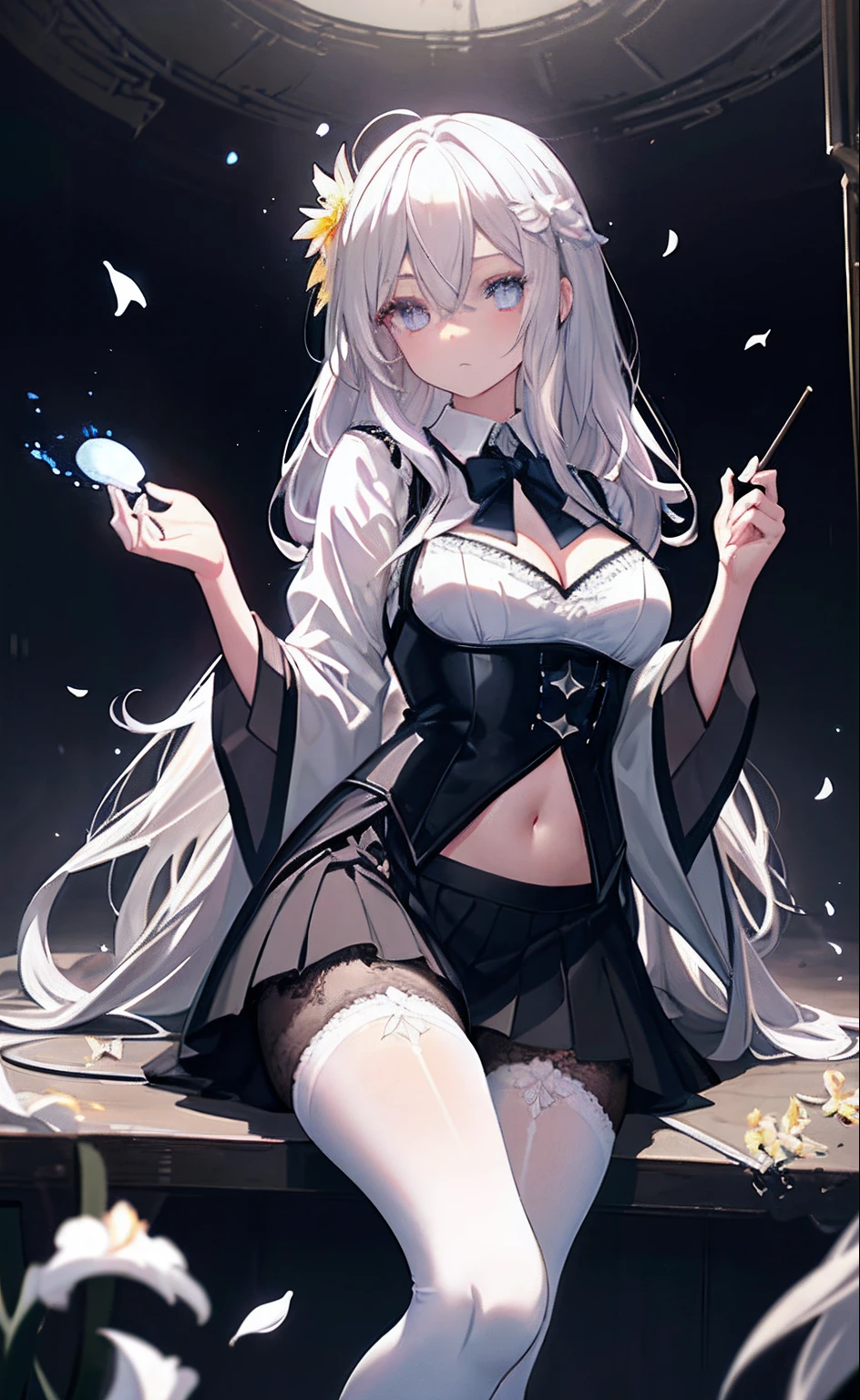 、tmasterpiece、best qualityer、(((Old Wise Wizard)))、Mixing Potion Moody Lighting、Glow、Glow、mysterious、mistic、magical、magical、Rim lighting girl, Beautiful detailed eyes, Long white hair, light grey eyes, school uniform, High white stockings, Vivid, flower, daffodil, Hyacinth, Falling petals, , High contrast, ((Masterpiece, Best quality)), Cinematic light,
Lace lace panties,suspender stockings,cleavage,brassier,navel,Sexual suggestiveness,Loves,,lacepantyhose,Thin leg,Noodle figure,perspire,pantiess