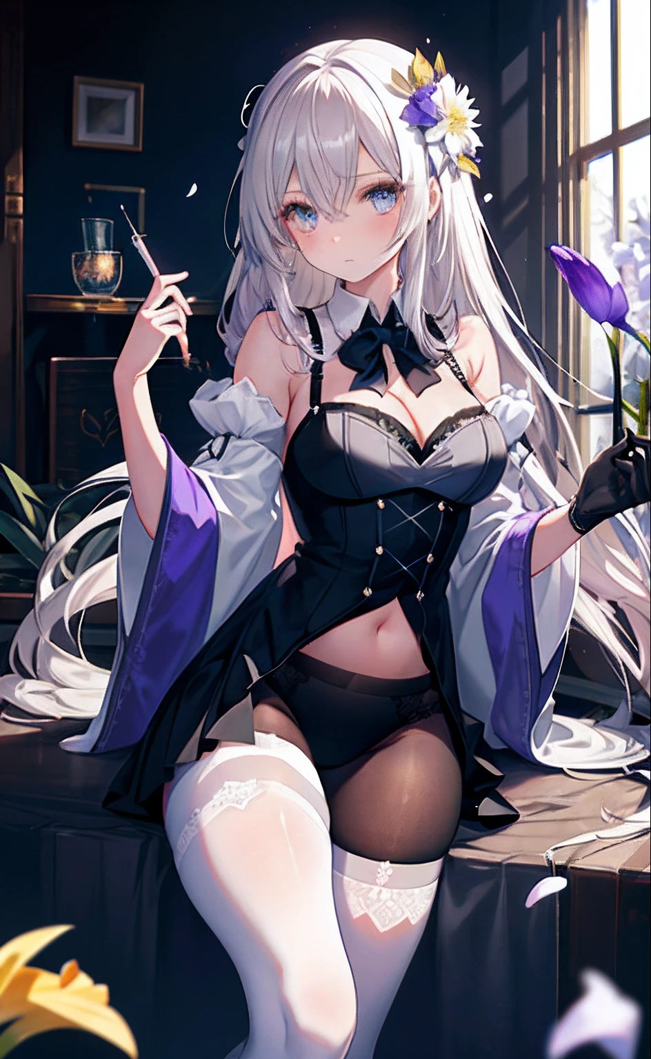 、tmasterpiece、best qualityer、(((Old Wise Wizard)))、Mixing Potion Moody Lighting、Glow、Glow、mysterious、mistic、magical、magical、Rim lighting girl, Beautiful detailed eyes, Long white hair, light grey eyes, school uniform, High white stockings, Vivid, flower, daffodil, Hyacinth, Falling petals, , High contrast, ((Masterpiece, Best quality)), Cinematic light,
Lace lace panties,suspender stockings,cleavage,brassier,navel,Sexual suggestiveness,Loves,,lacepantyhose,Thin leg,Noodle figure,perspire,pantiess