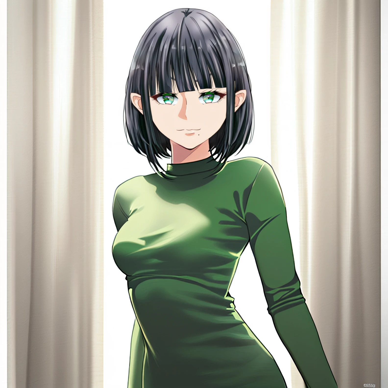 (((masterpiece))), (((best quality))), ((ultra-detailed)), (highly detailed CG illustration), ((an extremely delicate and beautiful)),((deep muted green green t-shirt:1.5)), ((plain t-shirt:1.5)),(long sleeves:1.5),(Casual T-shirt),(From a slight side angle), (The side of one arm is visible),(very loose T-shirt:1.2), (plain t-shirt), ((upper body:1.5)),portrait of an anime girl, t-shirt,1girl, solo,dark gray hair, (dark green eyes:1.5), looking at viewer,smiling,bad-girl,mature female, anime girl with short hair, ((medium breasts:1.5)), cute natural anime face, detailed anime soft face, cute anime face, flat anime style shading, face anime portrait, made with anime painter studio, semirealistic anime style, perfect anime face, extremely cute anime girl face, high detailed face anime, pretty anime face, semi realistic anime, detailed anime face