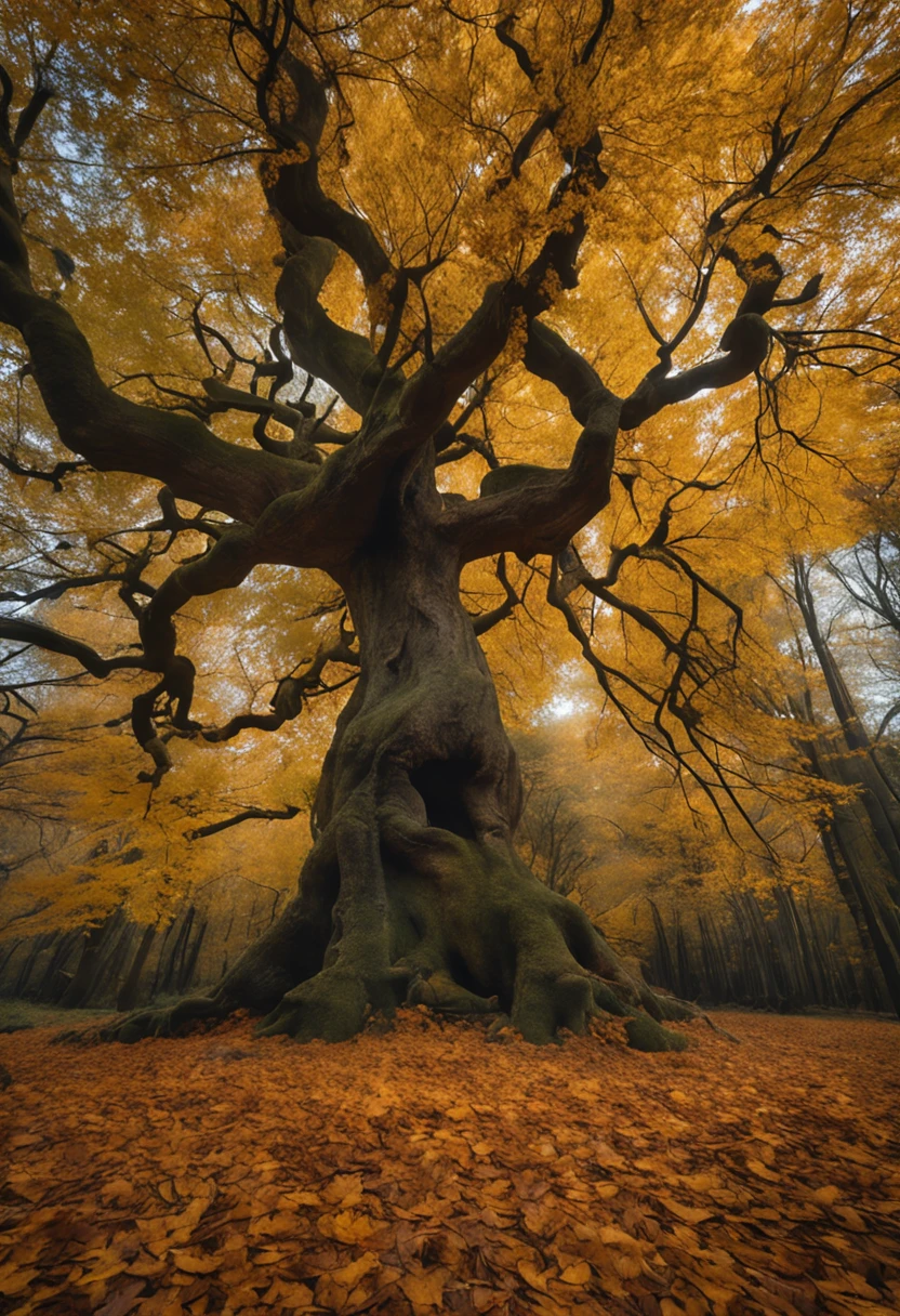 Image of a tall, leafy chestnut tree, with golden yellow and orange leaves, the chestnut tree is in the middle of an enchanted forest. The curious roots of the chestnut tree stretch across the ground, almost like little fingers exploring