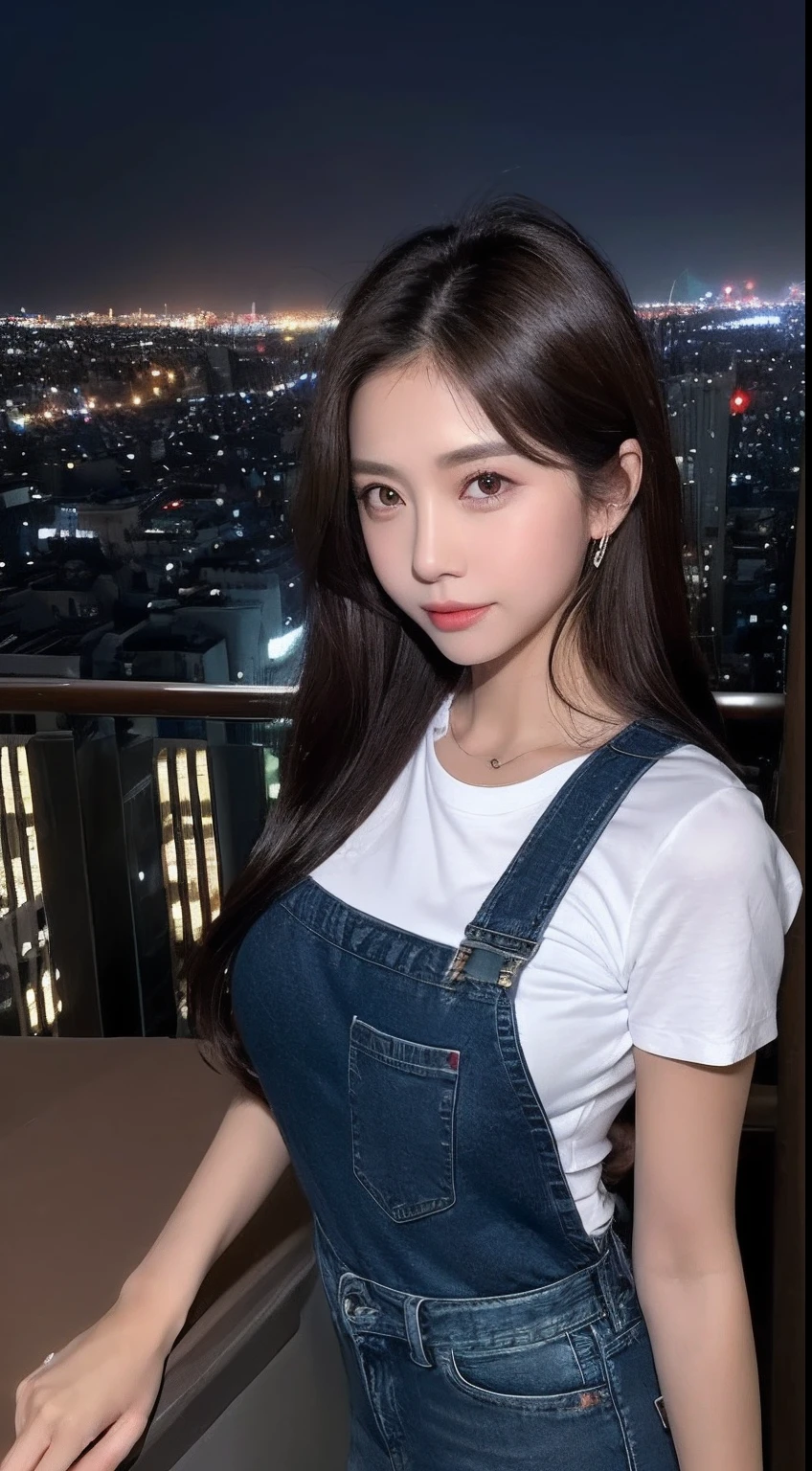 ((Midnight, Best quality, 8k, Masterpiece :1.3)), Whole body, Long legs, Sharp focus :1.2, A pretty woman with perfect figure :1.4, Slender abs :1.1, ((Dark brown hair, Big breasts :1.2)), (White tight tshirt, Jean bib, Standing:1.2), ((Night city view, Rooftop:1.3)), Highly detailed face and skin texture, Detailed eyes, Double eyelid