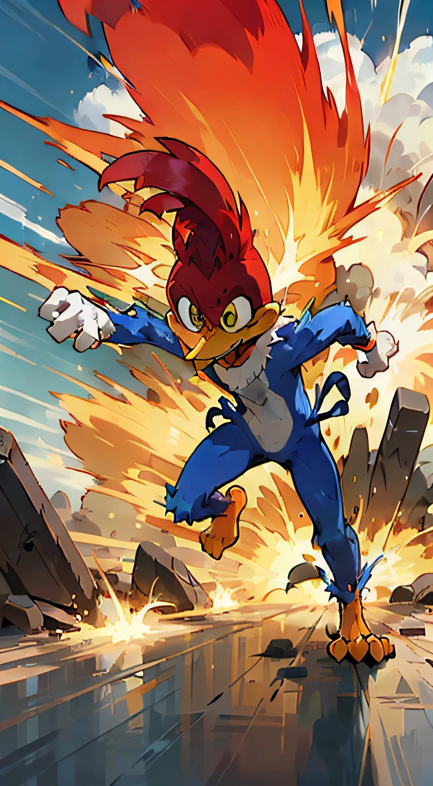 masterpiece, running, (((explosion, destruction)), flat colors, Cartoon drawing, Woody Woodpecker, woodpecker, cartoon, funny, fun, humanoid bird,red head, yellow peak, expressive eyes,2d, smile, smilling, dynamic,4k, wallpaper, best quality, (explosion), cinematic, epic, blue body, white chest, white hands, yellow paw, anime style, gorgeous, smooth skinm contrast, destruction