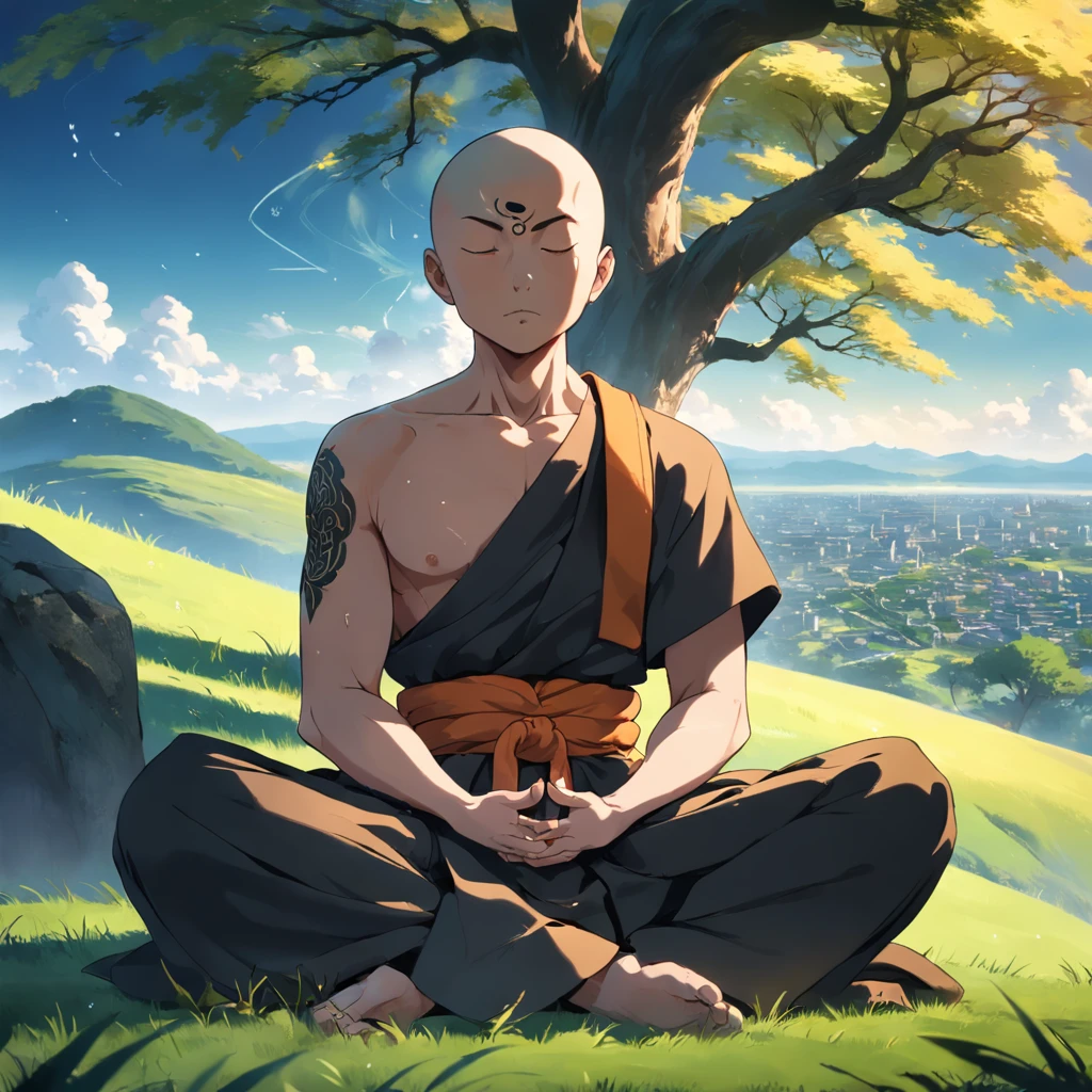 Closeup photo of a monk meditating on the top of a grassy hill, under a tree, runic tattoos on his body, wind blowing, serene atmosphere