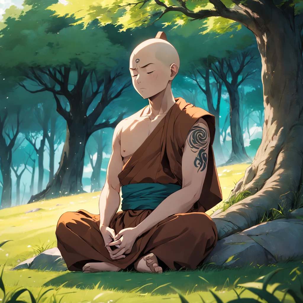 Closeup photo of a monk meditating on the top of a grassy hill, under a tree, runic tattoos on his body, wind blowing, serene atmosphere