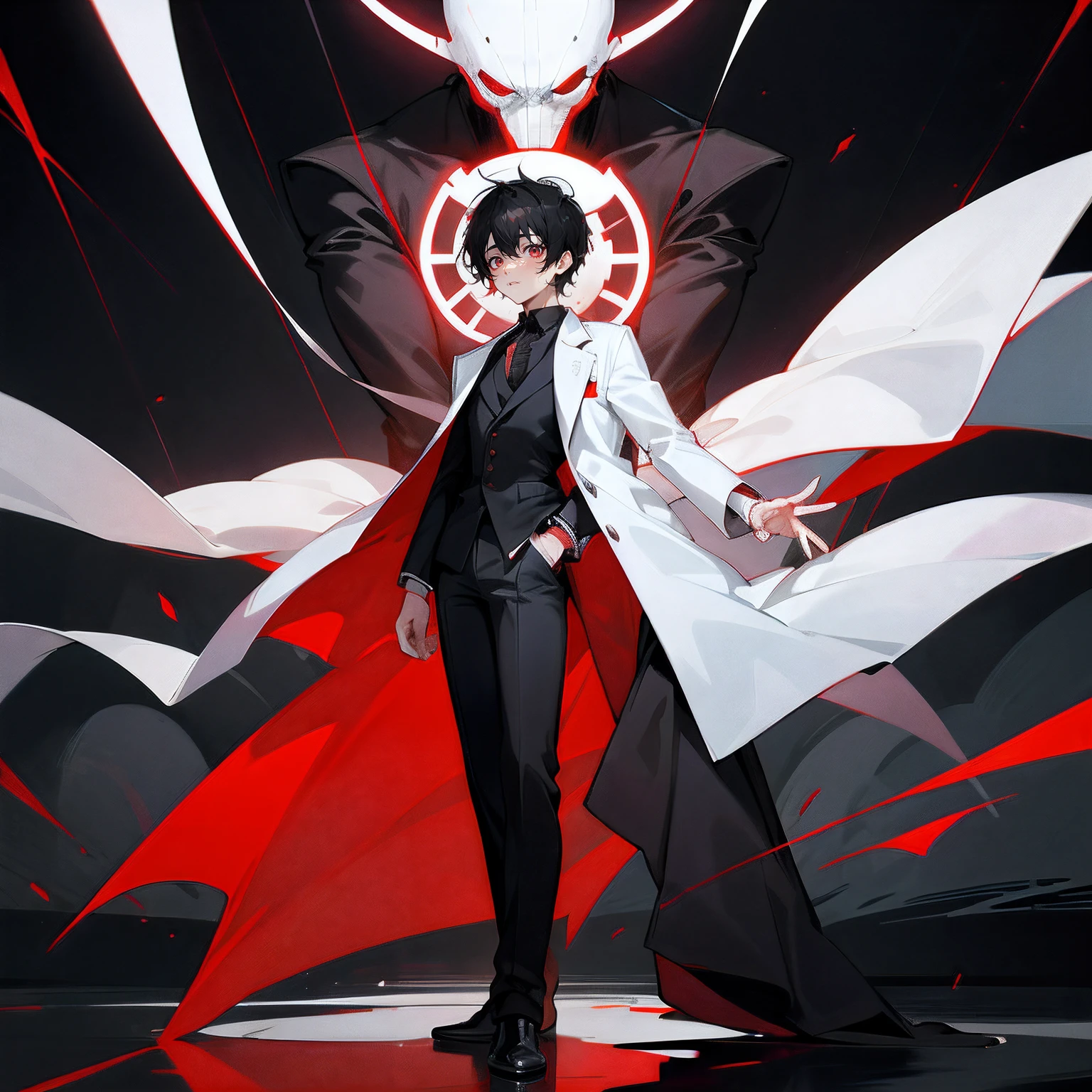A boy with,Dark black hair,Light red eyes,The outside is draped in a doctor's white coat,Inside is a black shirt,Black pantsuit,There are blood-red magic arrays around,Full body like
