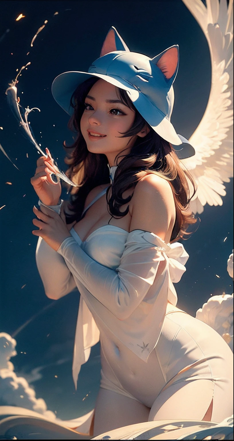 tmasterpiece,erotica, Erotic Best Quality, filmstill, 1 cat, Full-length cat hat,Cat-goddess of water Cat from the clouds, soaring in the sky, a closeup of a, The vibrant, a happy, warm soft lighting, dawning, (sparks: 0,7) The Goddess of Water