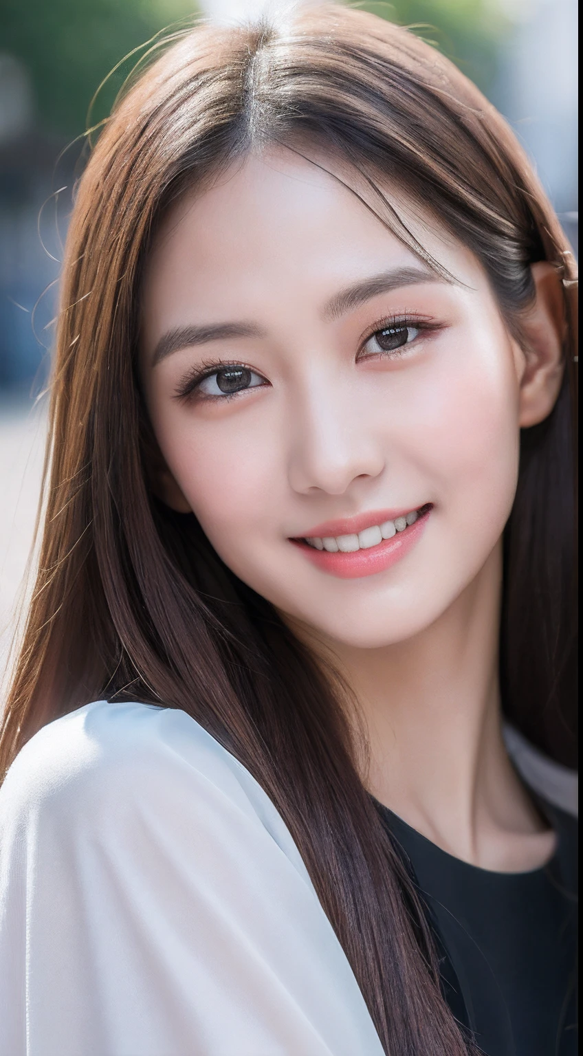 ((Best quality, 8k, Masterpiece :1.3)), 1girl, smiling, full body, slim face, Pretty woman, (Dark brown hair), full length dress :1.1, Ultra-detailed face, Detailed eyes, Double eyelid, blur background, slim face, city, outside, street,