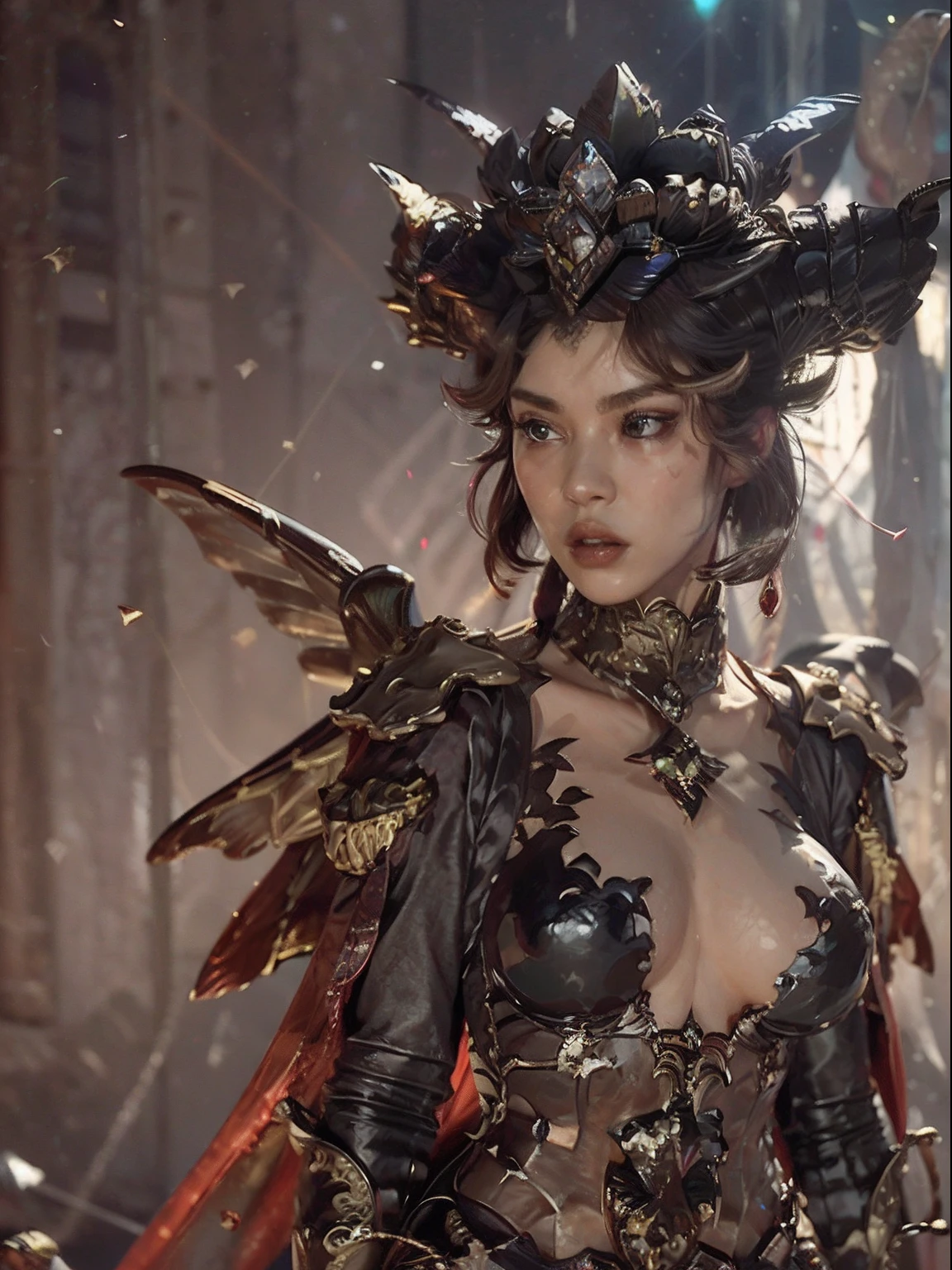 Professional , masterpiece、top-quality、photos realistic , depth of fields (Gemstone Silver Metal Body:1.9),(Matte Blackpink、Jewel Gold Weapon、(Gorgeous castle background)、(ultimate beauty girl)、(Rainbow fairy wings grow)、Particles of light、(Metal body of iridescent gemstones:1.9),Gorgeous Jewel Metal Weapons , Detailed Sword of the Brave ,( a blond) , adepta sororitas,Detail and ornate jewel crown、独奏、Brown hair、Mystical expression、(Gangle's forest background)、Beautiful Caucasian beauty、1a person、dynamic ungle,(((Diamond tiara with detail and luxury)))、a small face、Beautiful poses、(Gorgeous castle background)、huge filesize、Beautiful girl at 16 years old、Stand in the center of the screen、Thin female fingers、Straight long hair、Beautiful Caucasian beauty、(maikurobikini)、Hair fluttering in the wind、face forwards、Look at viewers、(Armpit)、Armpit、