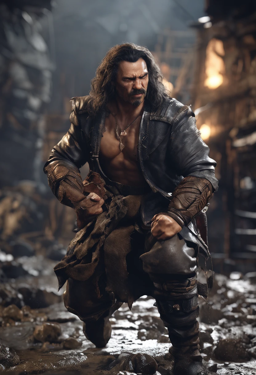 (Профессиональный 3D-рендер:1.3) de (Realistic:1.3) The most beautiful photo in the world，Features of soft and shiny male heroes, ((Epic fantasy hero, muscle male, Rough wet hero, Angry look, Long hair, short beard and ferocious facial expression in a dynamic pose, Fantastic location, Majestic cluttered surroundings)), Рендеринг Full Body 8K Unity, action shot, pores skin, very dark lighting, Strong shading, Detailed, Detailed Face, (Vibrants, The photo is realistic, Realistic, dramatic, Dark, sharp-focus, 8K), (Old leather clothes, damaged by weather conditions:1.4), ((((Wear fur)))), (Intricate:1.4), decadent, (Highly detailed:1.4), Digital Painting, Octane rendering, Art Stations, ConceptArt, Smooth, sharp-focus, illustartion, The germ of art, (loish:0.23), Wlop Ilya Kuvshinov, and Greg Rutkowski and Alphonse Mucha Gracias, (Global Illumination, studio light, surround light), heavy rain, particles floating, rascal, Fantasy, elf, full bodyesbian, ((The dark and ancient background of the city:1.3)),CGSesociety,Art Stations