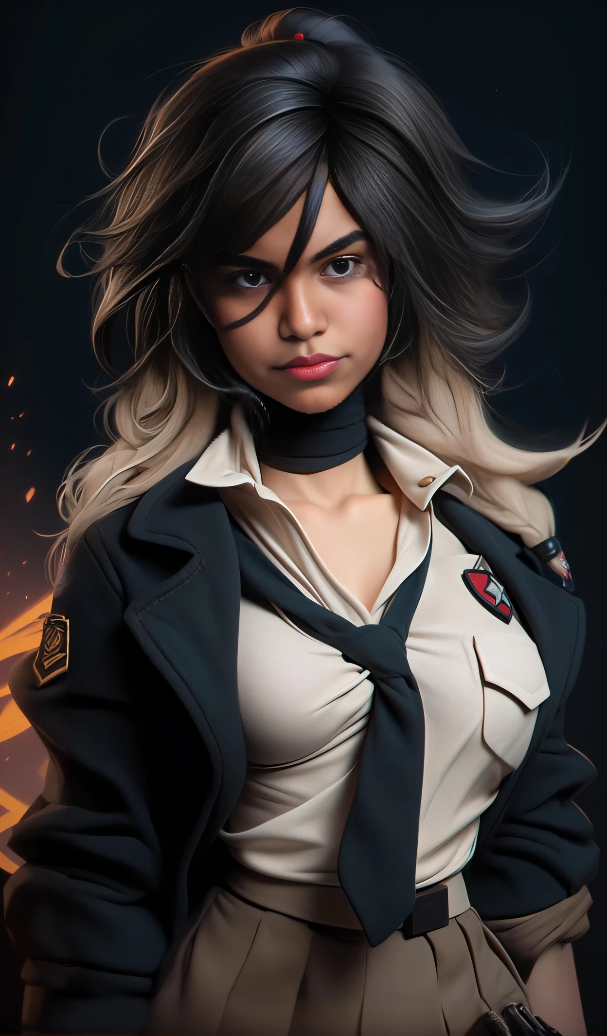 There's a woman in uniform posing for a photo, Loba Andrade de Apex Legends, Modelo IG | Artgerm, aluna hiperrealista, deviantart artstation cgscosiety, como personagem de overwatch, cosplay profissional, Alena Aenami e Artgerm, Arte no estilo de Guweiz, Retrato de Tifa Lockhart