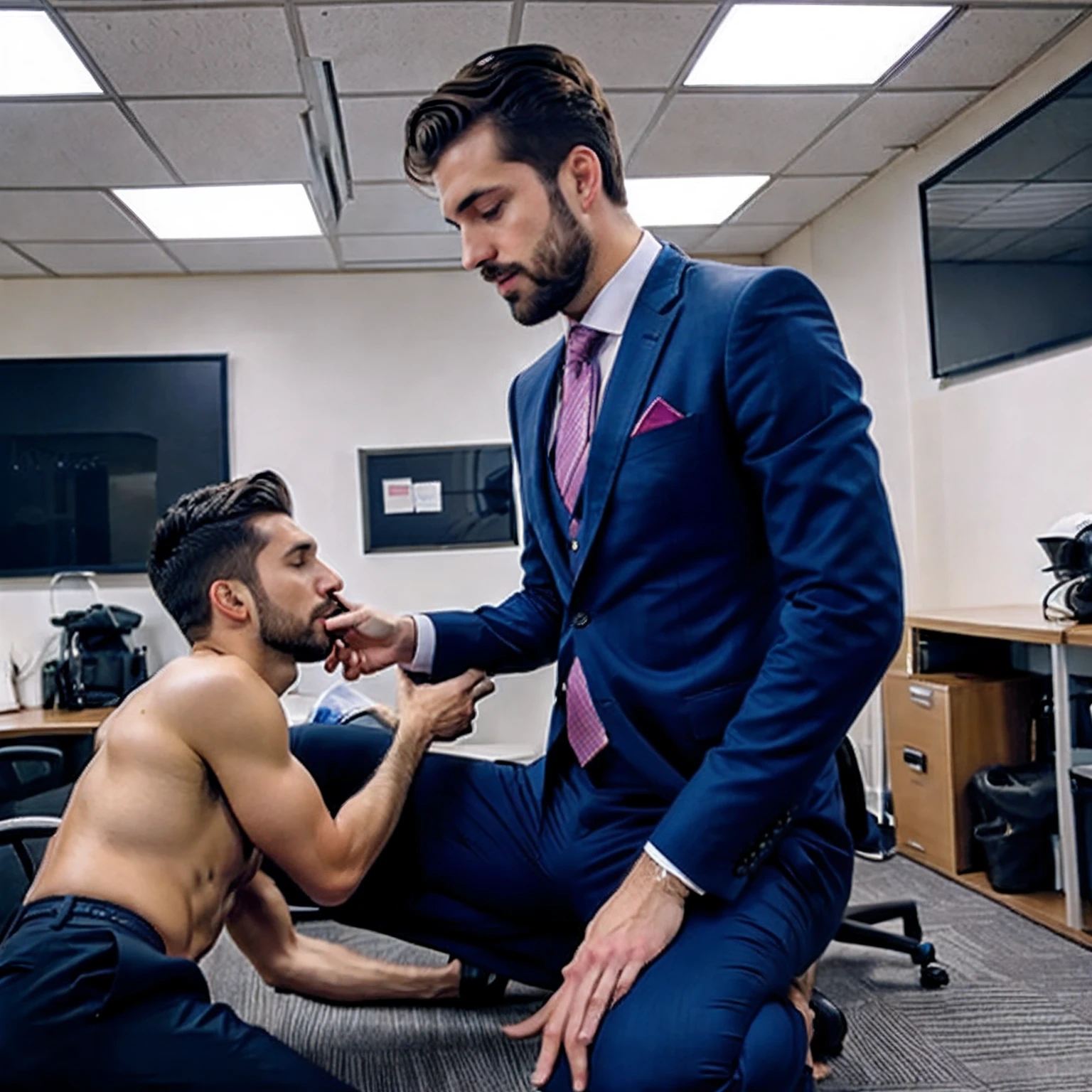 "A visually striking portrayal of two 30 years old men with slim fit physiques, dressed in stylish suits, sporting a slight beard, while engaged in a unique act of intimacy - sitting on the floor of an office and putting their feet on the partner's face