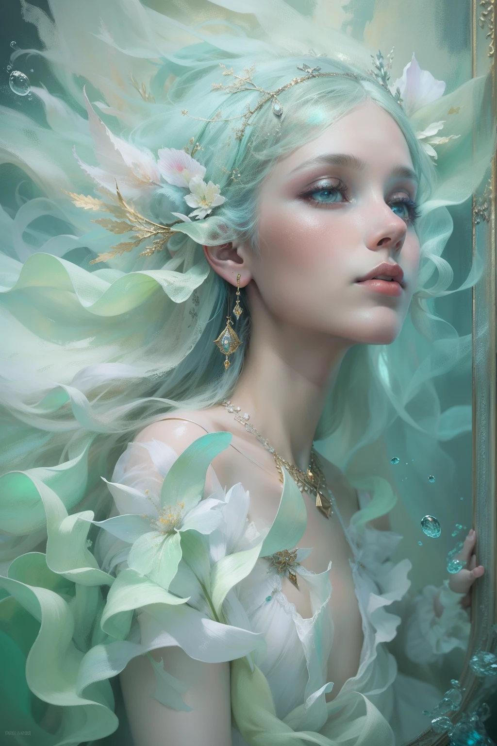 Oil paints，acrycle painting，tmasterpiece，Renaissance style，best qualtiy，Underwater glass palace，1 beautiful girl dressed in white，fabulous，، simple，pastel colour，Reinhart Miekel，ethereal fairytale, Ethereal beauty, monia merlo, style of karol bak, miss aniela, closeup fantasy with water magic, Ophelia, Ethereal!!!!!!!, Incredibly ethereal, Phlegm sputum, phlegm |, extremely beautiful and ethereal, Ethereal and dreamy, Ethereal!!!, intricate wlop, Ethereal fantasy