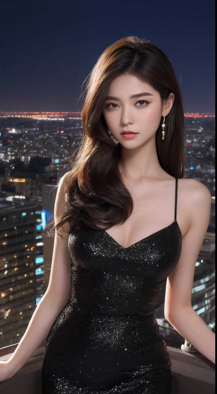 ((Midnight, Excellent, 8K, Masterpiece: 1.3)), Full body, Long legs, Focal length: 1.2, Perfect Body Beauty: 1.4, Slim Abs: 1.1, ((Dark Brown Hair, Big Breasts: 1.2 )), (Evening Dress, Standing: 1.2), ((City Night View, Roof: 1.3)), Highly detailed face and skin texture, Detailed eyes, Double eyelids