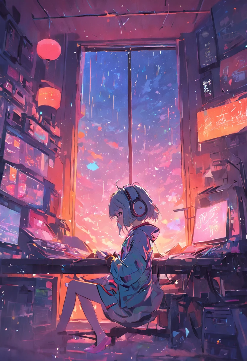 (zero), woman studying in her room, reading a book, Wear headphones, , night lights, Neon landscape on a rainy day,Analog Color Theme, Lo-Fi Hip Hop , retrospective, flat, 2.5D ,Draw a line, Ink Drawing, Large slope, Watercolor painting, Goosch Colors, Studio Ghibli Style, Awesome colorful, Outer Ton, Synthwave, lofi art,90s style,Old texture, amplitude,90s vibe, masutepiece, Tremendous technology