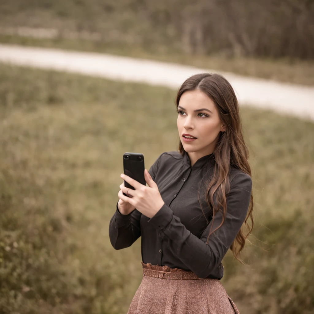 mulher tentando enxergar a tela de um celular extremamente gigante