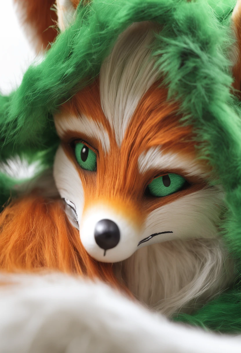 Green fur fox green tights lifelike details with only a tail and fluffy tsundere eyes