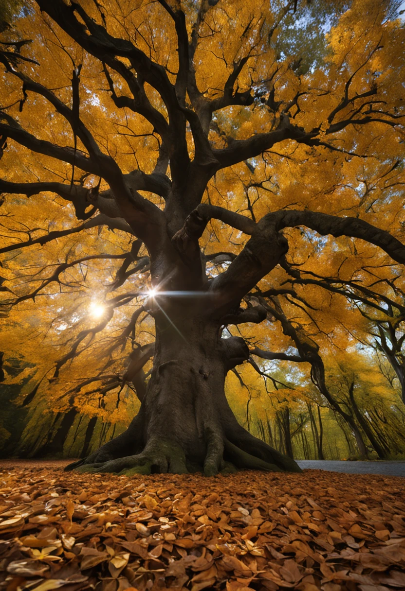 Image of a tall, leafy chestnut tree, with golden yellow and orange leaves, the chestnut tree is in the middle of an enchanted forest. The roots of the chestnut tree stretch across the ground, almost like little fingers exploring