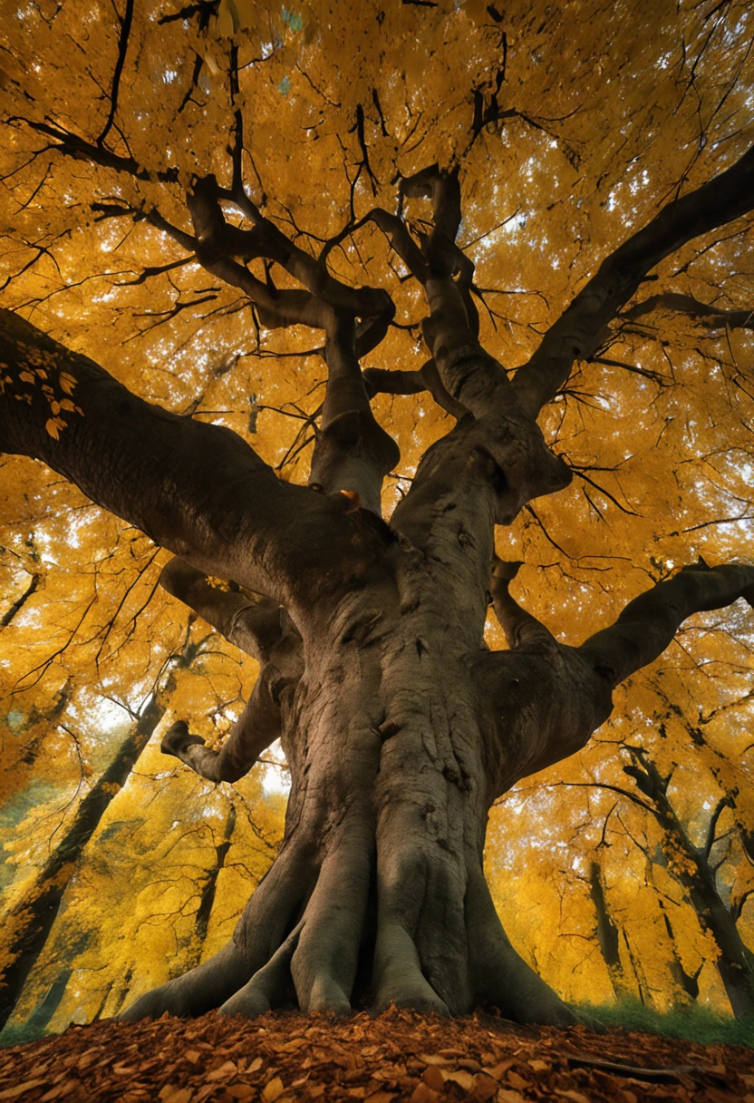 Image of a tall, leafy chestnut tree, with golden yellow and orange leaves, the chestnut tree is in the middle of an enchanted forest. The roots of the chestnut tree stretch across the ground, almost like little fingers exploring