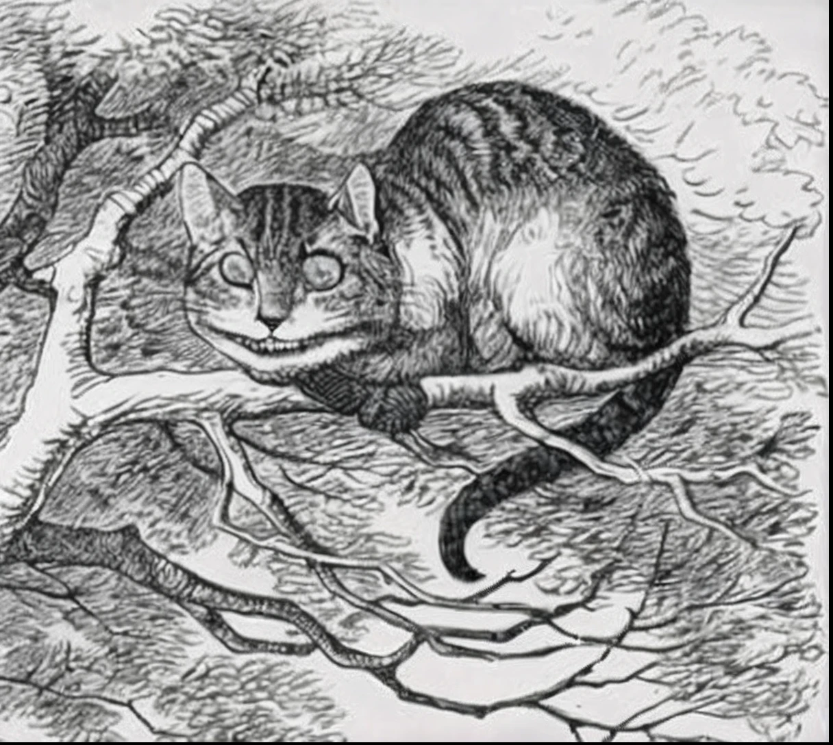 a drawing of a cat sitting on a branch of a tree, O Gato de Cheshire, Directed by: Sir John Tenniel, gato de cheshire, john tenniel, Directed by: Richard Doyle, inspirado por Sir John Tenniel, Cheshire Cat Death Tarot Carta, cheshire cat drinking tea, Directed by: Edward Lear, illustration of a cat, Louis William Wain, anthropomorphic cat, Directed by: Edward Baird
