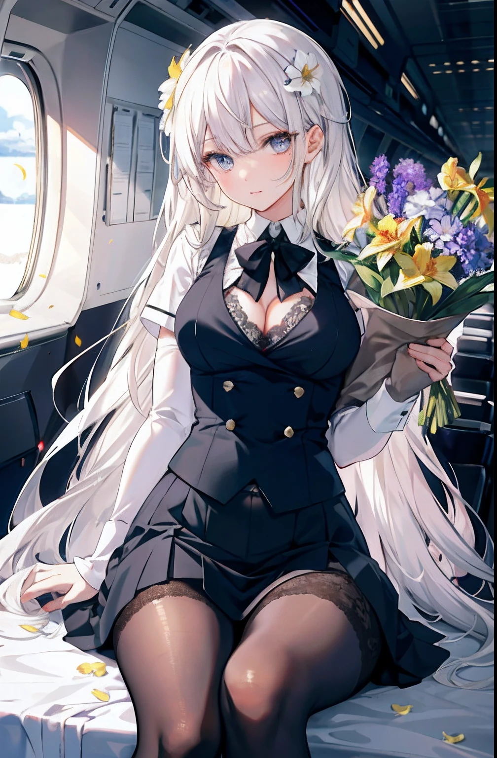 (Masterpiece:1.2, Best quality), 1girll, Solo, flight attendant, uniform, Planes, Service passengers, Providing safety instructions, Responding emergency,Shiny skin:1.15),Kizi, Beautiful detailed eyes, Long white hair, light grey eyes, school uniform, High white stockings, Vivid, flower, daffodil, Hyacinth, Falling petals, , High contrast, ((Masterpiece, Best quality)), Cinematic light,

Lace lace panties，suspender stockings，cleavage，brassier，navel，Sexual suggestiveness，Loves，，lacepantyhose，Thin leg，Noodle figure，perspire，pantiess