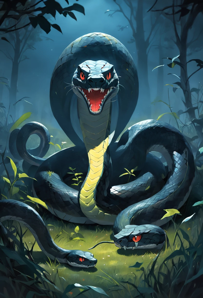 Three small snakes,on a grassy field,He's dead,Eerie light,Dark night,high high quality,fog atmosphere,(Chinese folk suspense supernatural comic style),High detail, Sharp focus, Dramatic,The art of painting by Midjourney and Greg Rutkowski, Bokeh on the background