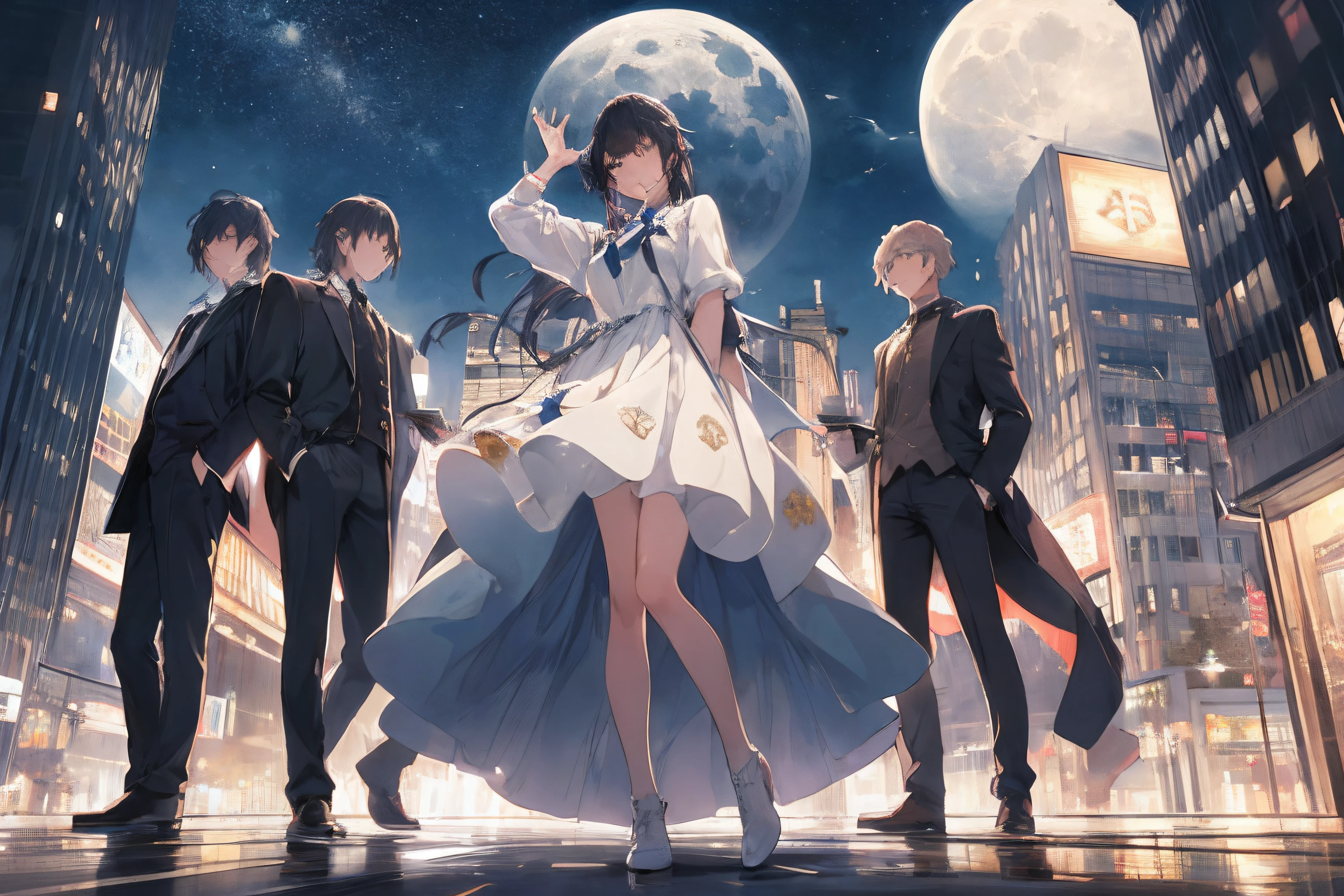 (​masterpiece、top-quality、hightquality)、4 men、Adult male、Multiple people、nighttime scene、Man Standing On The Rooftop Of A Building、line up、Look up at people、natta、perpetrator、dynamic ungle、full body Esbian、highrise buildings、Contemporary buildings、animesque、cover page、team、in group photograph、Crescent moon and night sky、Name、Four people