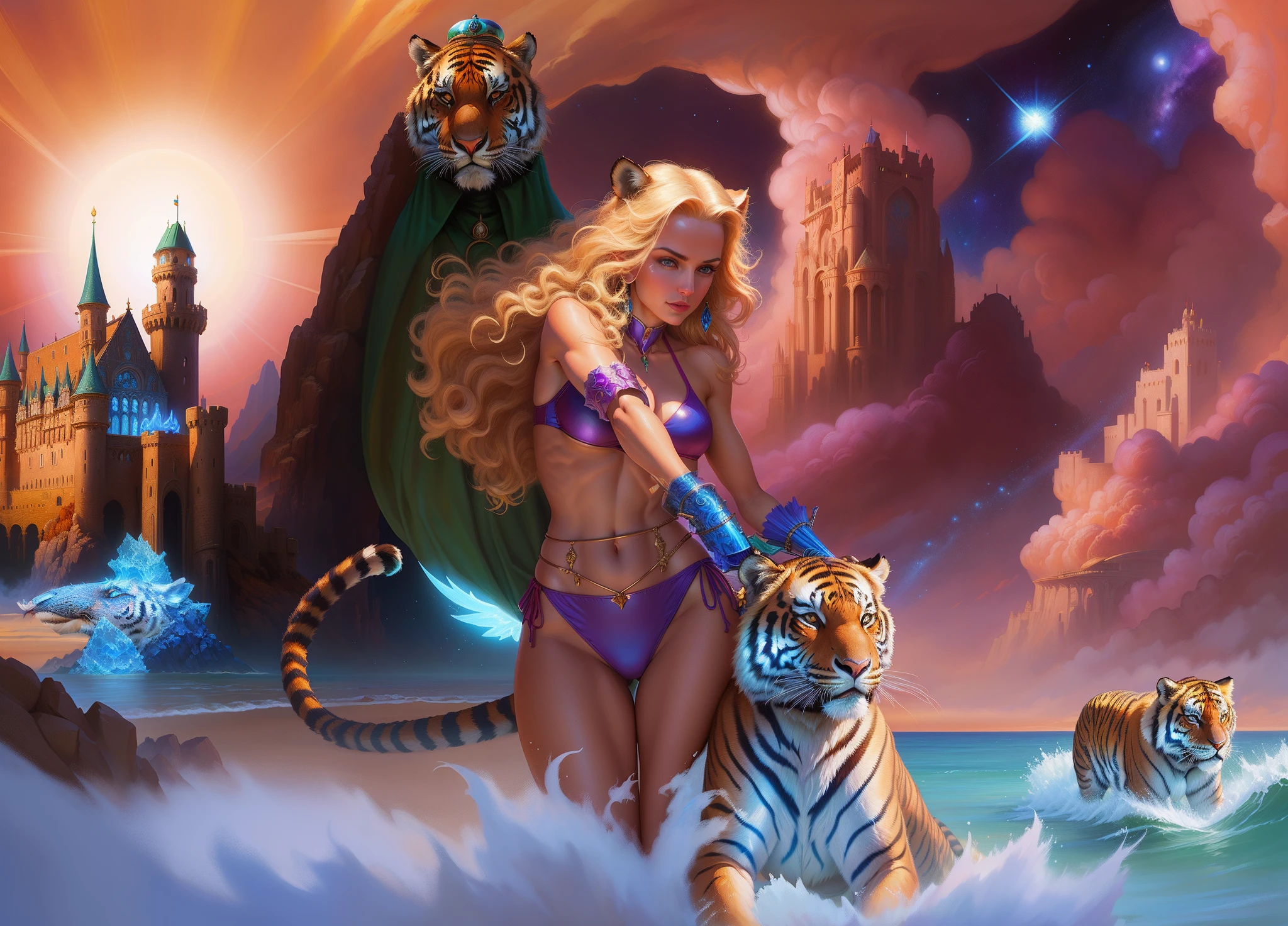 Blonde woman in a bikini with a tiger and a castle in the background, inspirado em Greg Hildebrandt, Arte de fantasia dos anos 8 0, inspirado em Tim Hildebrandt, inspirado em Tim e Greg Hildebrandt, Greg Hildebrandt altamente detalhado, inspirado em Joe Jusko, Estilo de Tim Hildebrandt, Michael Whelan e Karol Bak, Artgerm Julie Bell Beeple