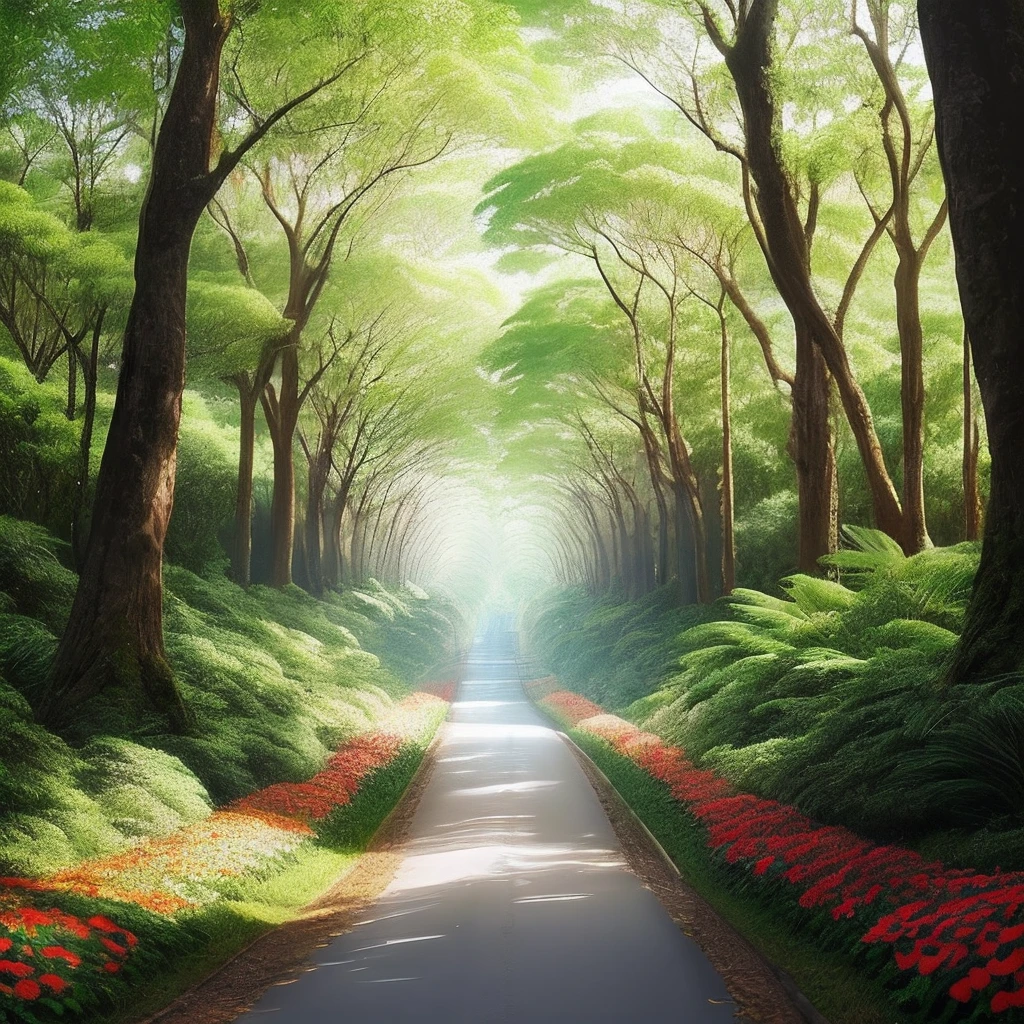 Floresta realista muito arborizada e bonita com muitas flores