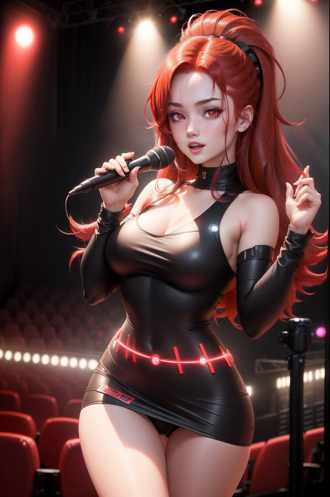 1girl, Beautiful girl, Body length 150 cm, 20 years old, ((Black hair, Double tail hairstyle, (Red hair dye, PeekABoo Underlights Style Hair Dye)) , ((red eyes)), realistic eyes, beautiful and sharp eyes), ((Idol clothing)), medium breasts, ((She holds a microphone and sings happily on stage in front of the crowd)), Happy face, Smileing, (8k wallpaper), ((Colored red lights, Concert on the background of the theater)) 8k, Quilty Altitude, Realistic, Beautiful realism, outstanding detail, RAW photo, Realistic clothes, Black hair, realistic hair, ((red eyes)), realistic eyes, Light and cool lighting, realistic photo, Cel shaded, Gel lighting, ultra-detail, ((Idol Girl))