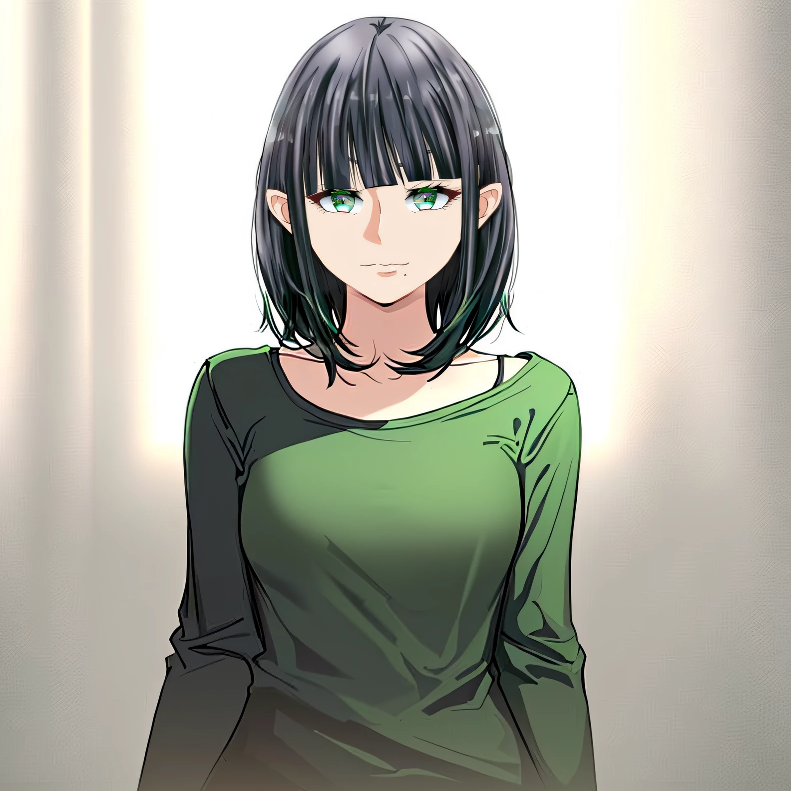 (((masterpiece))), (((best quality))), ((ultra-detailed)), (highly detailed CG illustration), ((an extremely delicate and beautiful)),((Near-black, deep muted dark green t-shirt:1.5)), ((Very dark green t-shirt:1.5)),((plain t-shirt:1.5)),((long sleeves:1.5)),(Casual T-shirt),(From a slight side angle), (The side of one arm is visible),(very loose T-shirt:1.2), (plain t-shirt), upper body,portrait of an anime girl, t-shirt,1girl, solo,dark gray hair, (dark green eyes:1.3), looking at viewer,smiling,bad-girl,mature female, anime girl with short hair, ((medium breasts:1.3))