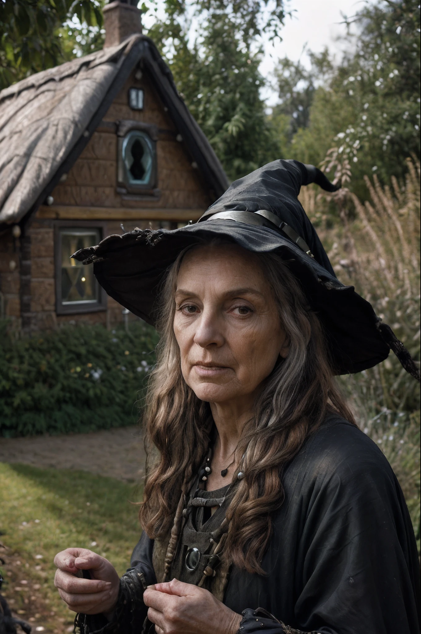 Witch in black hat and black cape standing in front of a house - SeaArt AI
