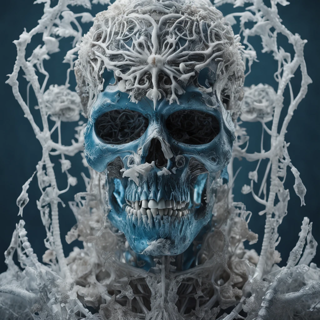 a skeletonized man with bits of flesh hanging off his bones, his skull is covered in icicles and frost, intricate carving, wearing a face mask, glowing eye sockets, wearing a frozen blue crown, masterpiece, best quality, intricate detail, absurdres