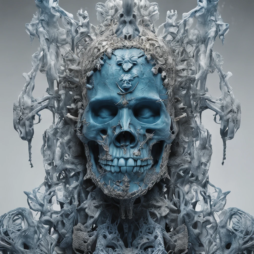 a skeletonized man with bits of flesh hanging off his bones, his skull is covered in icicles and frost, intricate carving, wearing a face mask, glowing eye sockets, wearing a frozen blue crown, masterpiece, best quality, intricate detail, absurdres