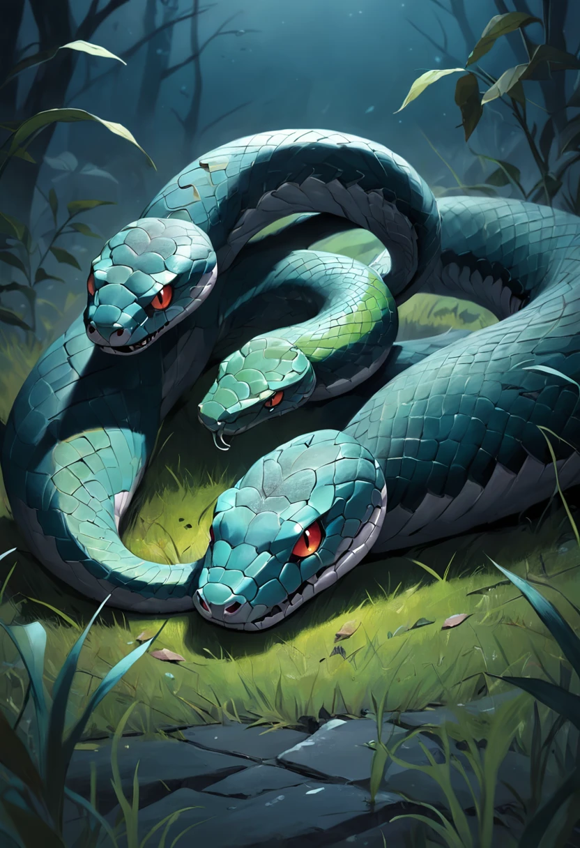 Three small snakes,on a grassy field,With his eyes closed,Eerie light,Dark night,high high quality,fog atmosphere,(Chinese folk suspense supernatural comic style),High detail, Sharp focus, Dramatic,The art of painting by Midjourney and Greg Rutkowski, Bokeh on the background