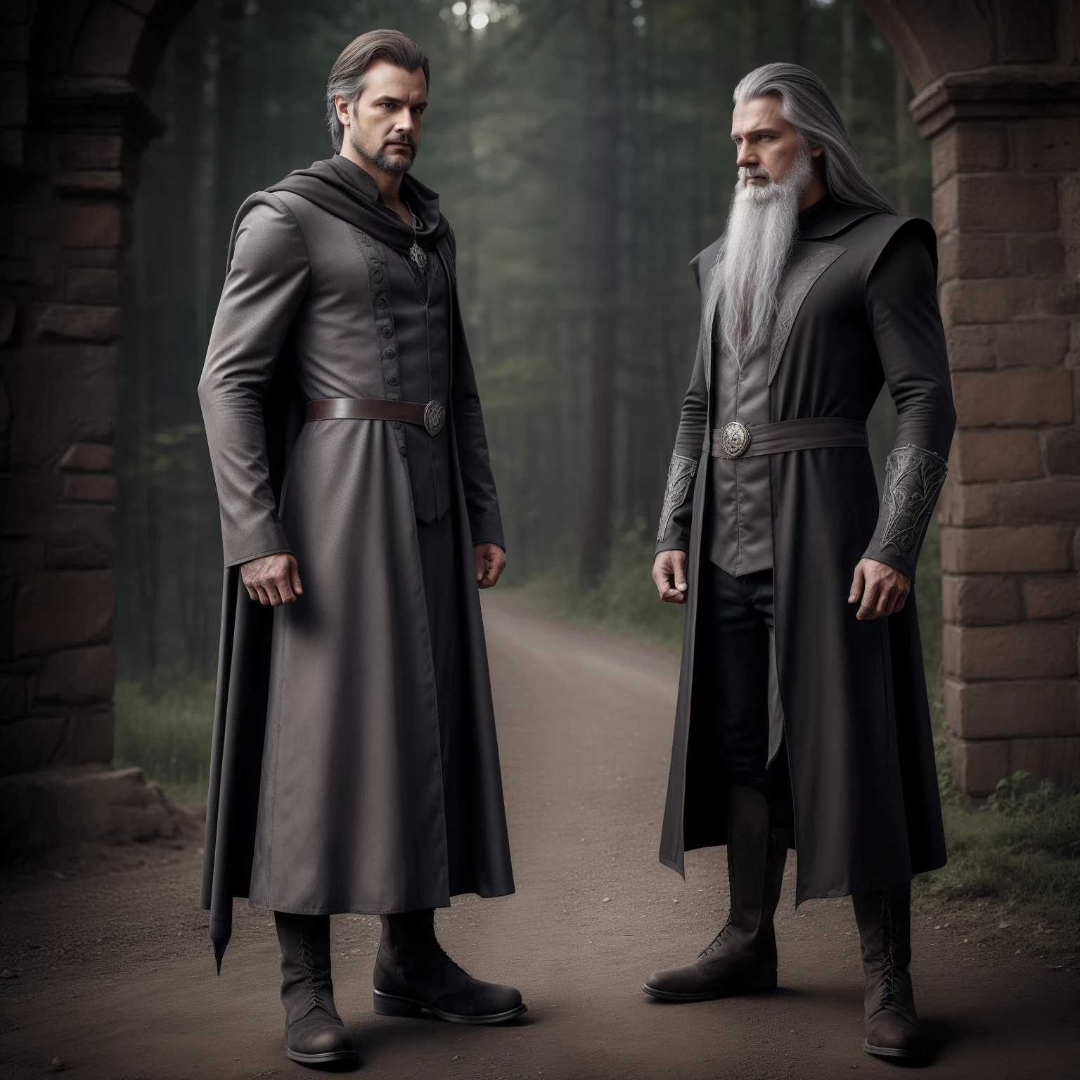 Модель Realistic Vision V5.1 Realistic photo , Unshaven man in gray gothic wizard costume , stands in full growth , His boots are visible .