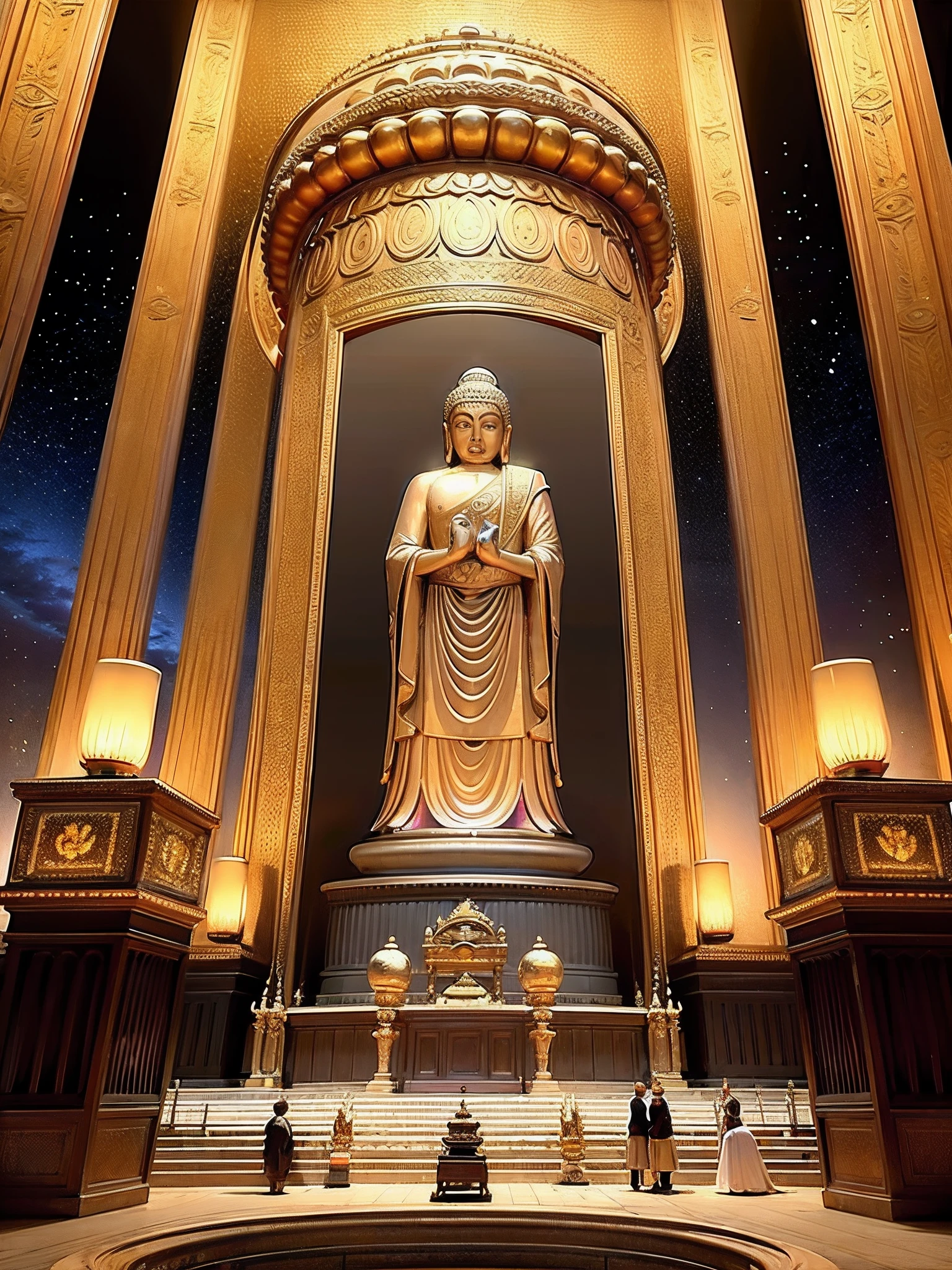 Maitreya, Maitreya Buddha, Maitreya, a large golden Buddha statue sitting in a room with a blue ceiling and a background of blue sky, clouds, above_clouds, airship, aurora, bridge, building, castle, chimney, city, city_lights, cityscape , clock, clock tower, clouds, cloudy sky, constellations, crescent, desert, earth_\(planet\), fireworks, floating islands, fountains, galaxies, glowing, houses, islands, lampposts, lanterns, light particles , galaxy, moon, mountain, night, night sky, no_humans, planet, landscape, meteor, sky, skyline, skyscraper, snow, snowing, space, star_\(sky\), star_\(symbol\), starry_sky, starry_sky_print, telescope, tower, town, twilight, ship