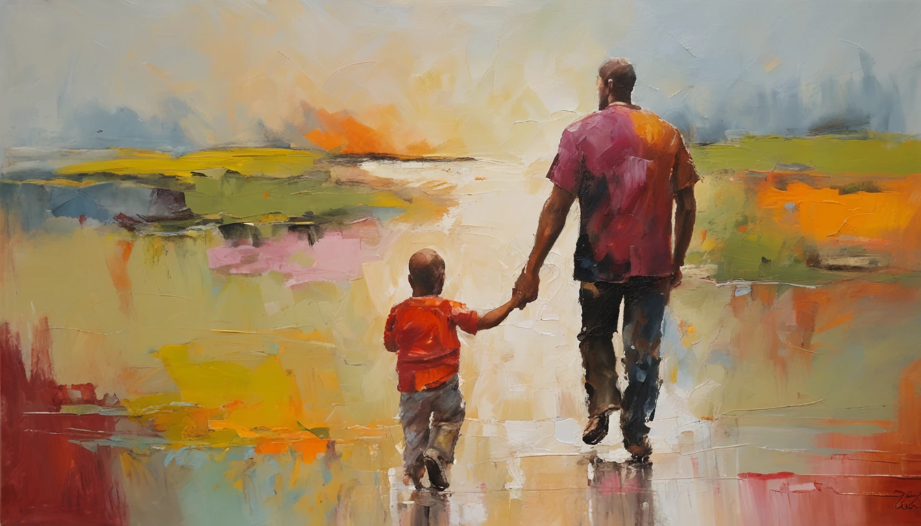 First Steps, depicts a father holding his ''s hand as they take their first steps together, The oil painting celebrates this significant milestone through vibrant colors and heightened contrasts, The father's protective grip and the baby's wobbly legs add a sense of motion and excitement to the artwork,