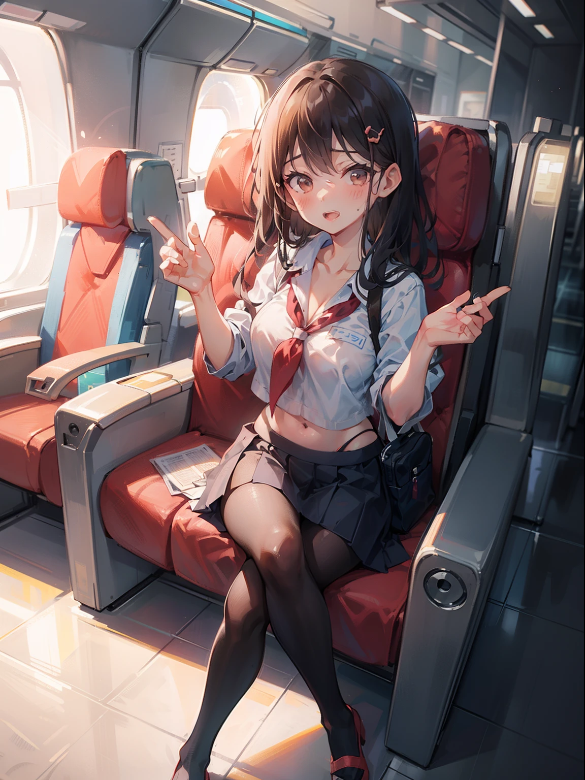 (Masterpiece), Best quality, beautiful detailed hair detailed face, 超高分辨率, Sharp focus, (Masterpiece:1.2, Best quality), 1girll, Solo, flight attendant, uniform, Planes, Service passengers, Providing safety instructions, Responding emergency, bangs, (Shiny skin:1.15),Expose lateral areola,Excretion of breast milk,grouchy,Sit flat,Stretch your feet,Close-up of the foot,sperm,Spring,The shape of the female genital organs is clearly visible,climaxing,Lace panties with desire for dissatisfaction,suspender stockings,cleavage,brassier,navel,Sexual suggestiveness,Loves,,lacepantyhose,Thin leg,Noodle figure,perspire,pantiess