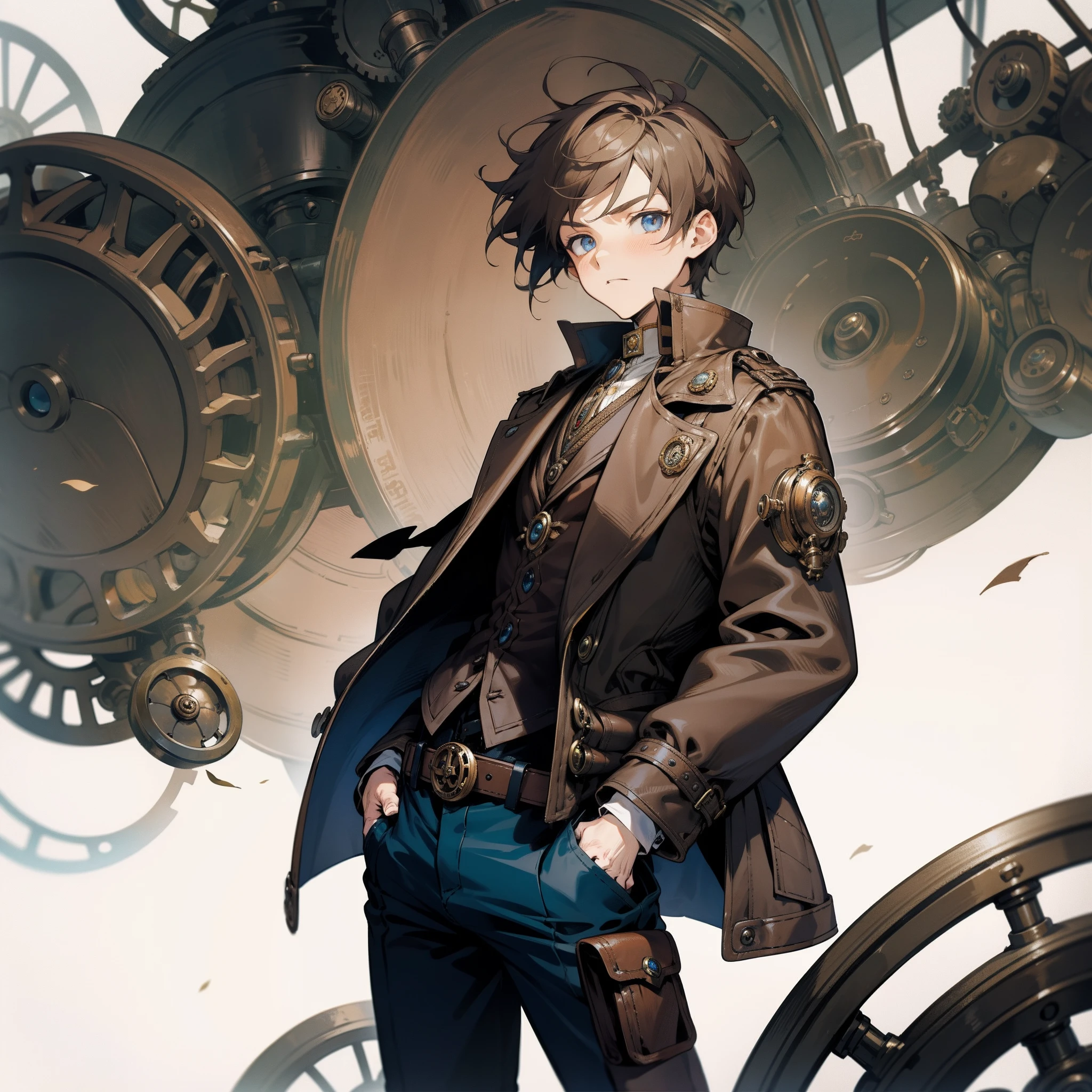 A boy with,Steampunk style clothes,brunette color hair,Dark blue eyes,Surrounded by various machinery,Put your hands in your pockets,Clothes flutter in the wind